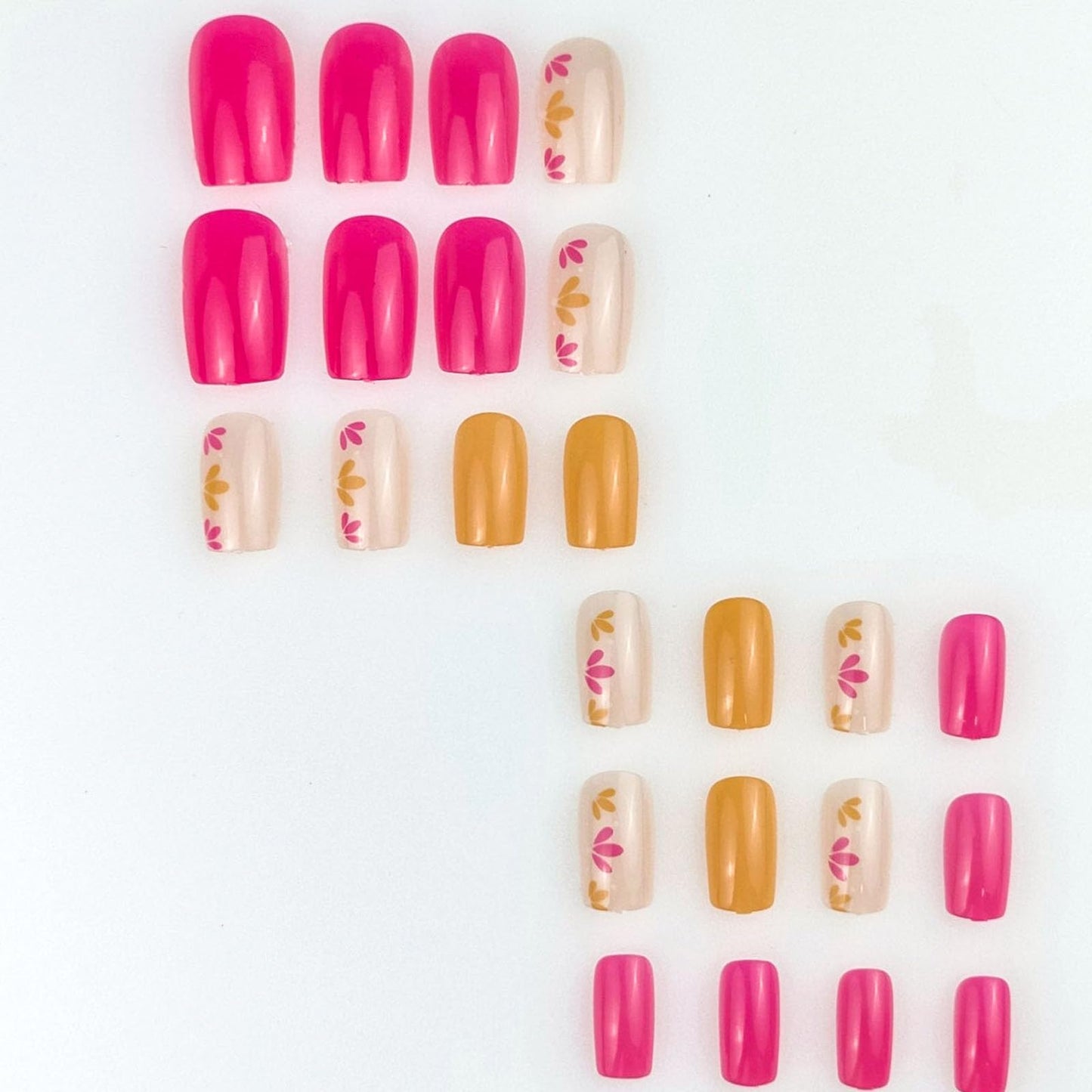 Square Press on Nails Short Fake Nails with Flower Floral Designs Nails Press ons Pink Brown Glue on Nails Glossy Acrylic Nails Simple False Nails Spring Summer Stick on Nails for Women 24 Pcs