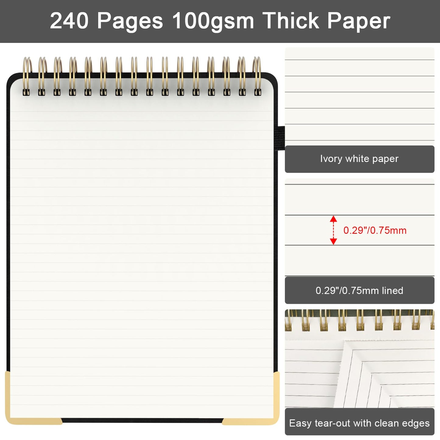 Mousbull A4 Top Spiral Notebook, Large Leather Hardcover Top Bound Steno Pads, 240 Pages 100 gsm Thick Lined Paper Left Handed Notebook Journal for Work, School, Meeting Writing - Black, 8.5" x 11"