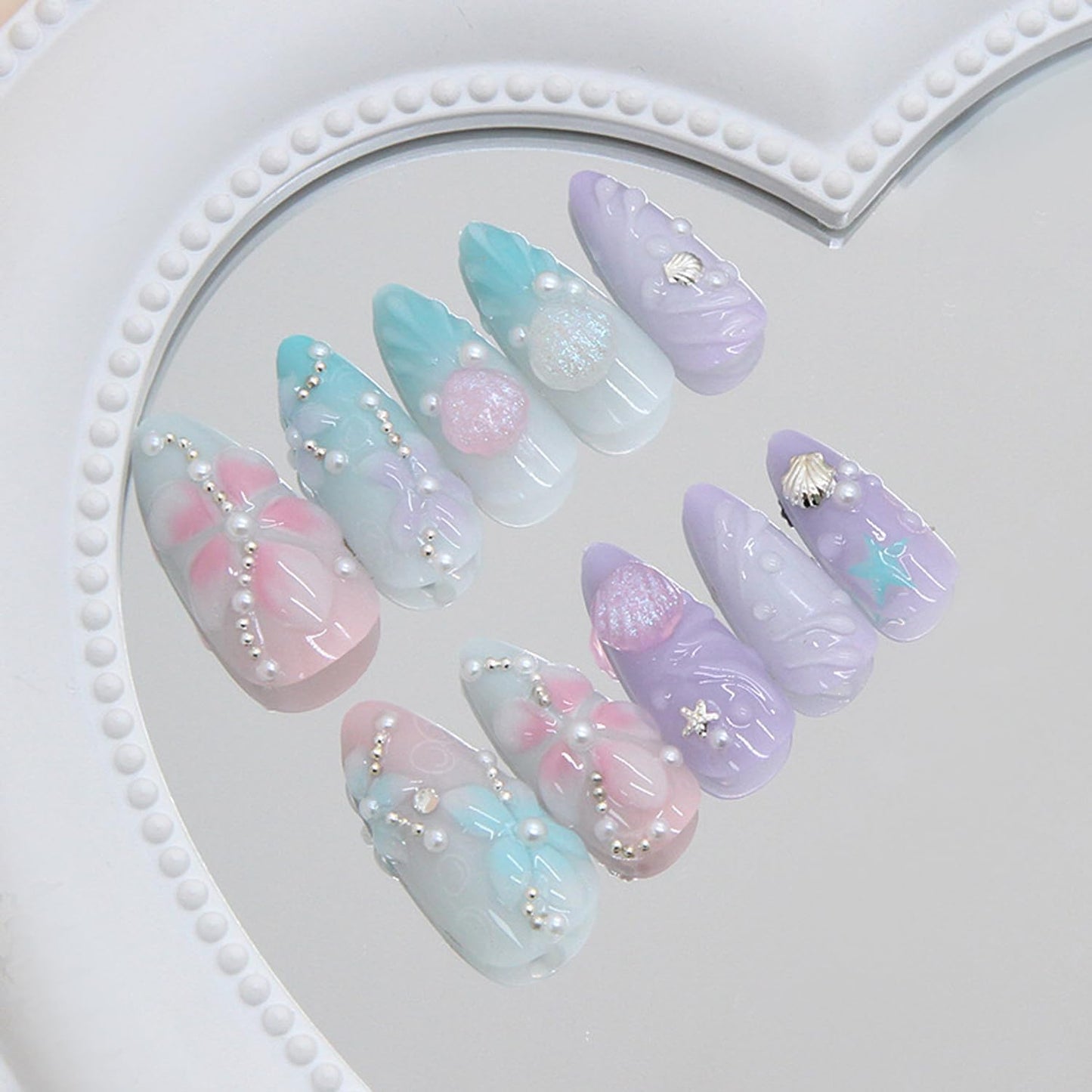 24Pcs Colorful Flower Press on Nails Medium Almond Fake Nails with Flower Pearl Starfish Design French Tip False Nails Shell Summer Glue on Nails Cute Artificial Stick on Nail for Women Manicure
