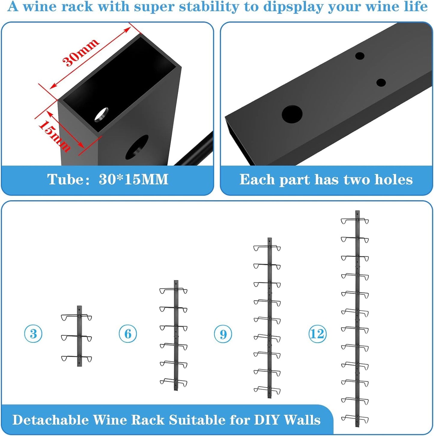2 Pack 12 Bottle Wall Wine Rack for 24 Wine Bottles, DIY Detachable Wall Mount Wine Rack, Wine Storage Organizer Display Holder Used As One or Four, for Dining Room, Wine Cellar, wine lover gift