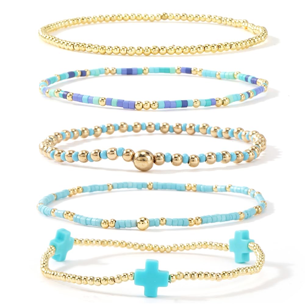 Bohxantium Gold Beaded Cross Bracelets Stack for Women, Blue Boho 5PCS Stackable Stretch Set with 14K Gold Beads - Waterproof Non Tarnish Jewelry for Beach Summer Party Christian Faith Friendship Gift