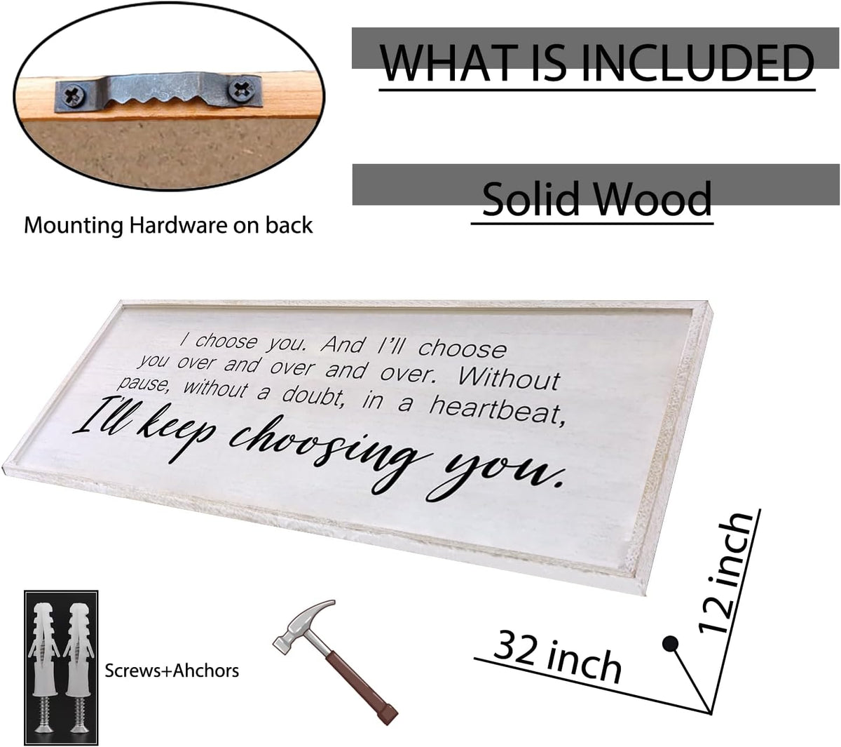 I Choose You Sign Wall Decor Art Above Bed 32X12 Inch I Love You Romantic Wood Framed for Master Bedroom Over Bed I'll Keep Choosing You Sign (White)