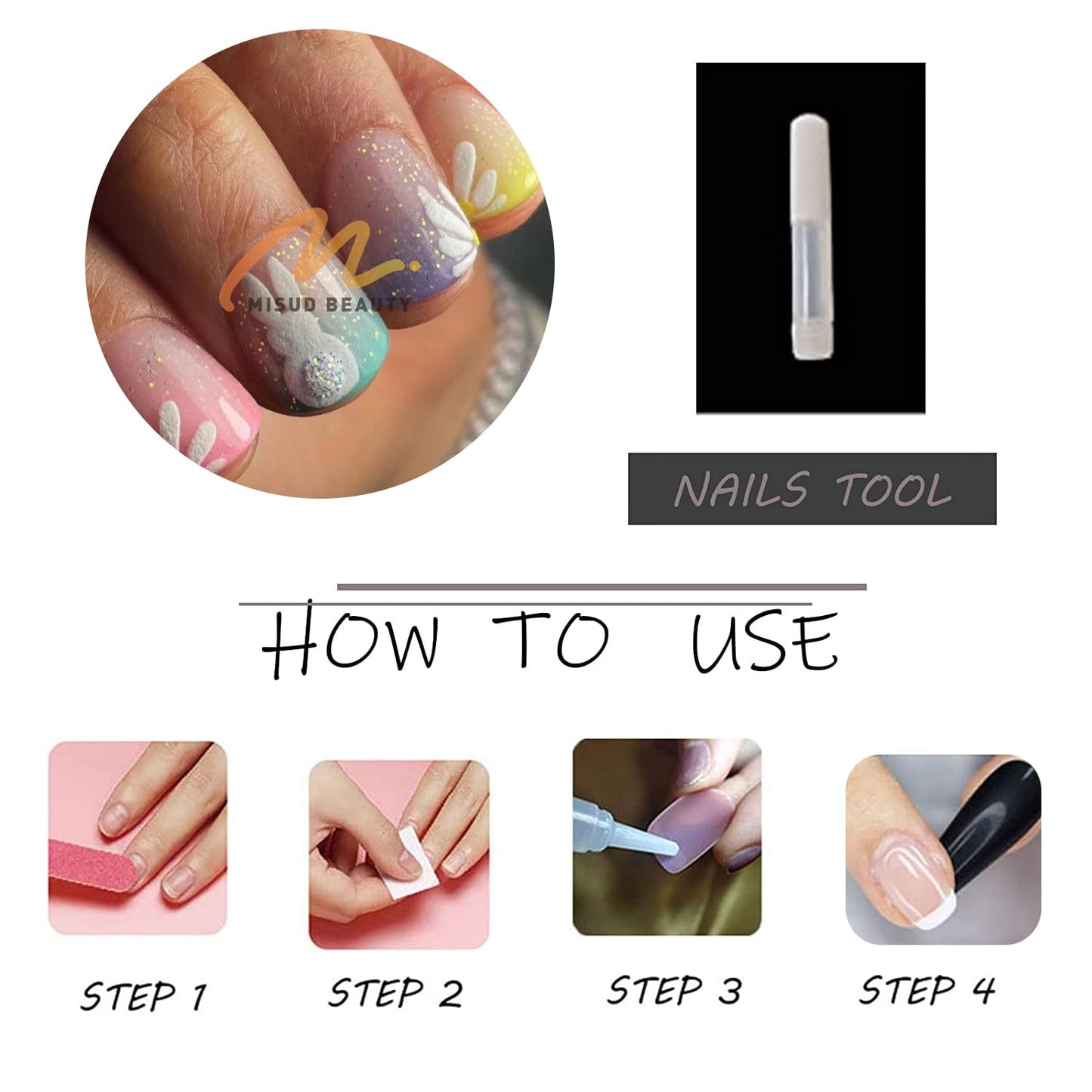 MISUD Press on Nails - Short Square Fake Nails with Colorful Ombre, Acrylic Easter Bunny Flower Design 24 pcs