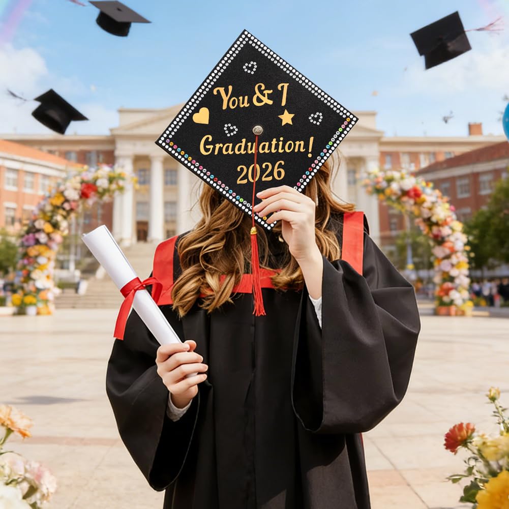 Arivlune Graduation Cap Decorations kit, Includes 6 9.8 X 9.8 Graduation Cap Topper Blank Glitter Cardstock/5 Sheets Rhinestones/6 Alphanumeric Stickers for DIY Graduations Caps Topper