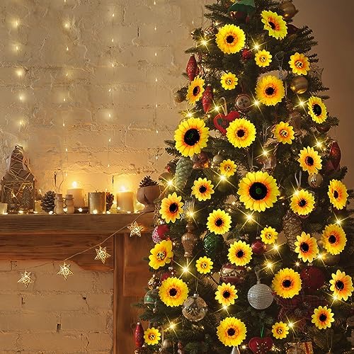 Crowye 124 Pcs Christmas Sunflower Tree Ornaments Yellow Sunflower Christmas Decorations Big Artificial Sunflowers Tree Topper Mini Sunflower Ornaments Bulk with 2 String Lights for Christmas Tree
