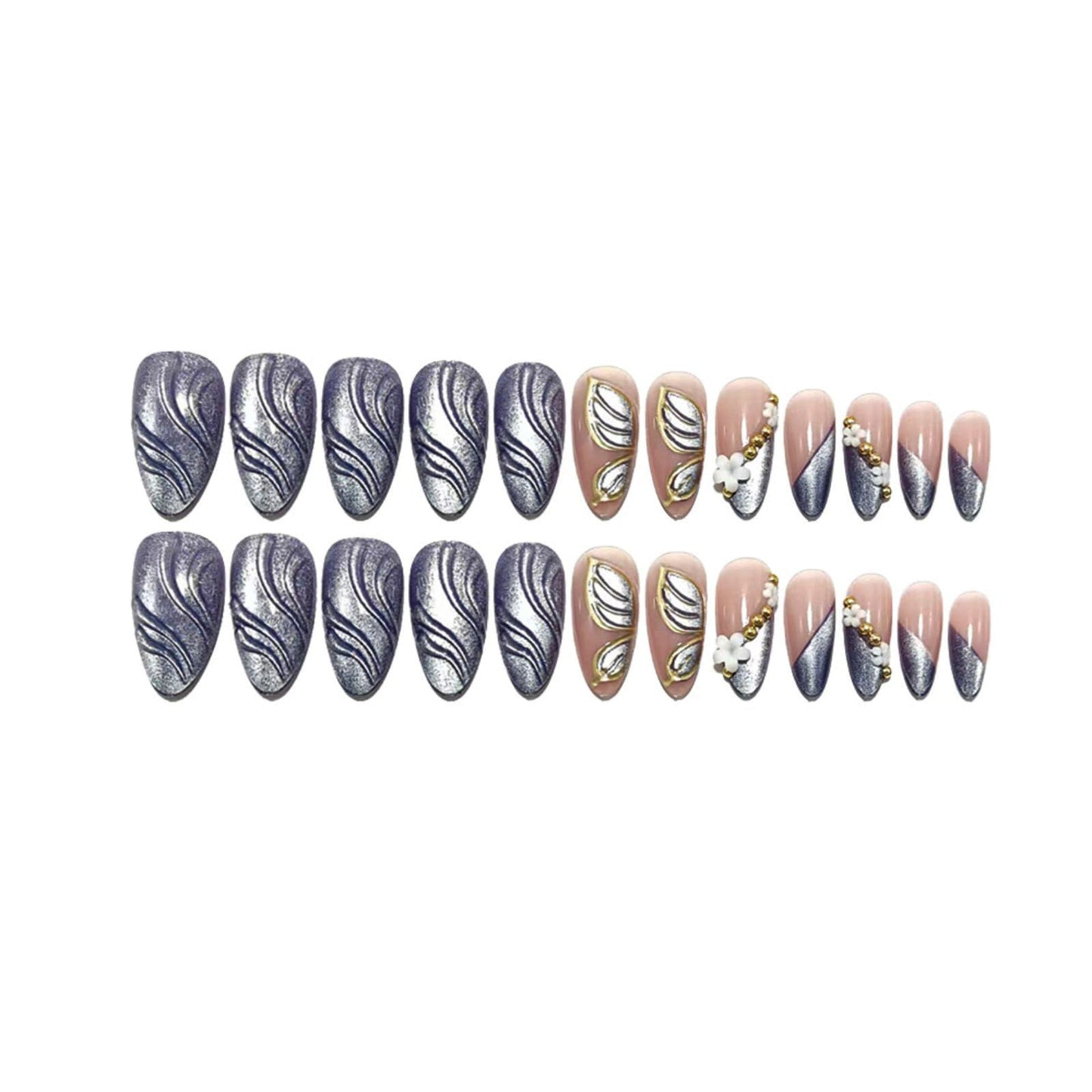 Almond Press on Nails French Tip Fake Nails Full Cover Medium False Nails with 3D White Flowers Gold Beads Design Shiny Blue Butterfly Nail Tips Glue on Nails Spring Summer Stick on Nails for Women