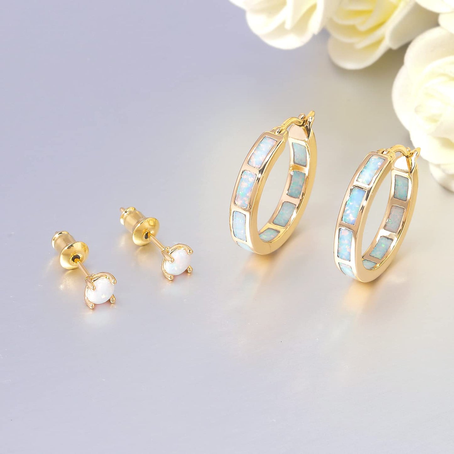 CiNily 2 Pairs Hoop Earring Set for Women Yellow Gold Plated Opal Small Hoop Earring Hypoallergenic Opal Stud Earrings