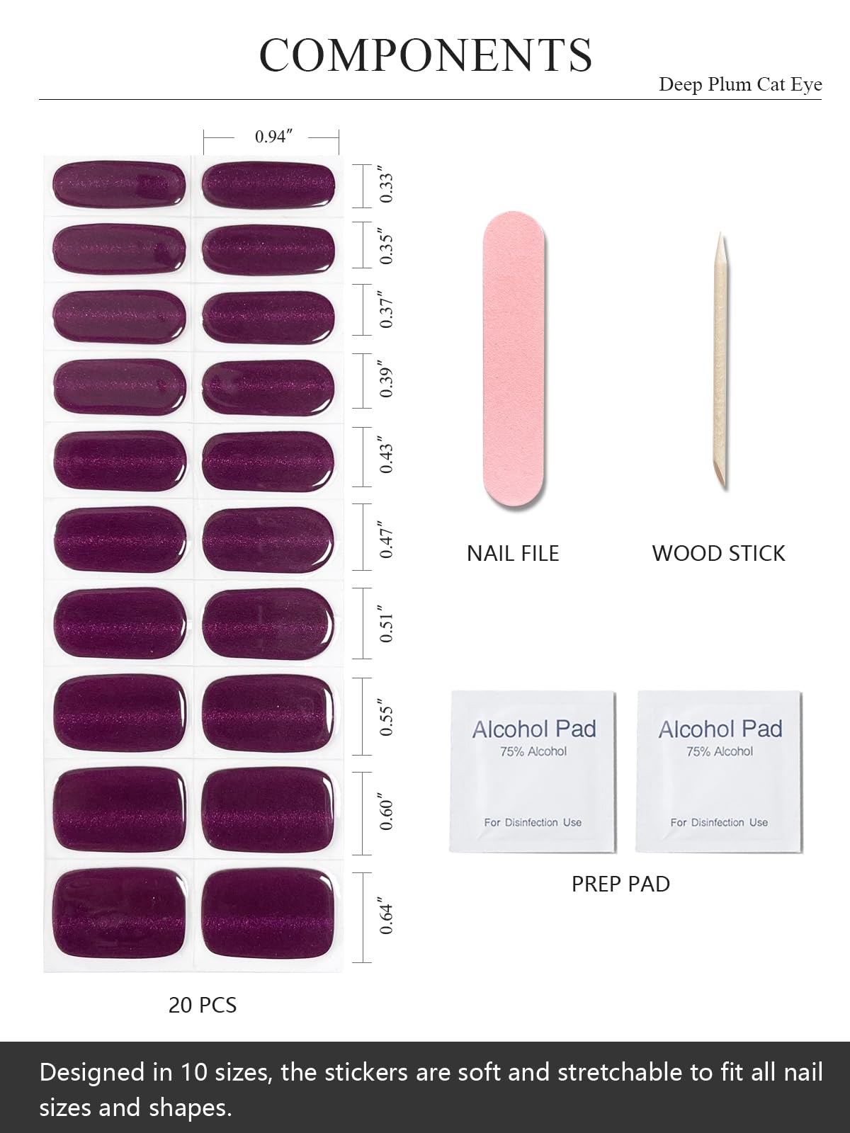AutyaMee Semi Cured Gel Nail Strips (Deep Plum Cat Eye), Dark Purple, 20 Pcs Gel Nail Wraps, Stickers, UV Light Required, Salon Quality, Long Lasting