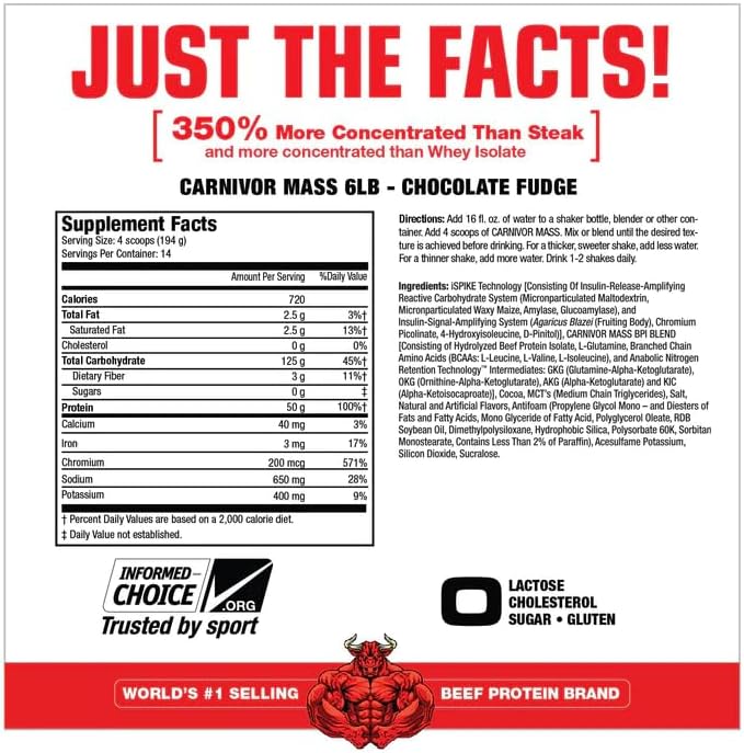 MuscleMeds Carnivor Mass Gainer Beef Protein Isolate Shake, 50 Grams Protein, 125 Grams Carbs, 0 Fat, 0 Sugar, Lactose Free, ChocolateFudge, 6 Pound
