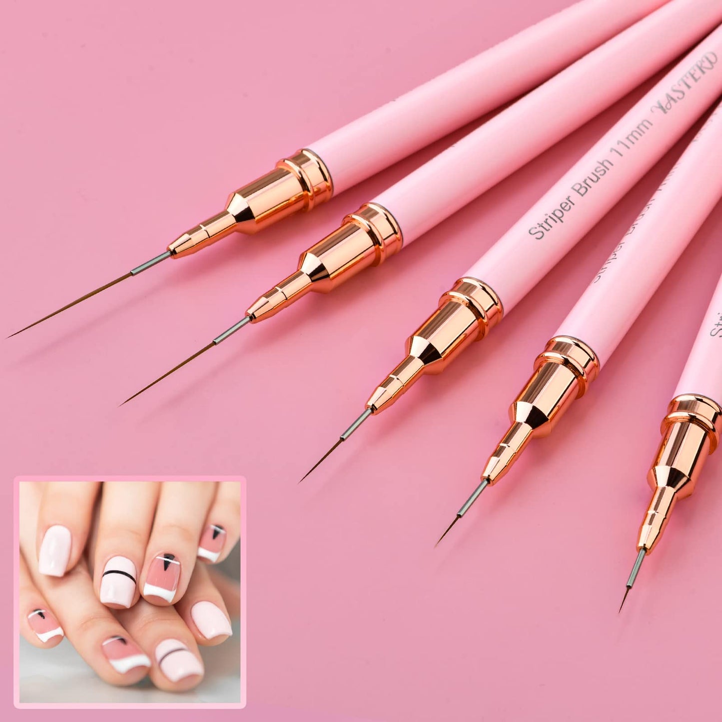 Yasterd Pink Metal Handle Nail Art Brushes, 6pcs Striper Set for Long Lines, Thin Details, Fine Drawing, Delicate Coloring, Elongated Lines, Sizes 5/7/9/11/15/25mm