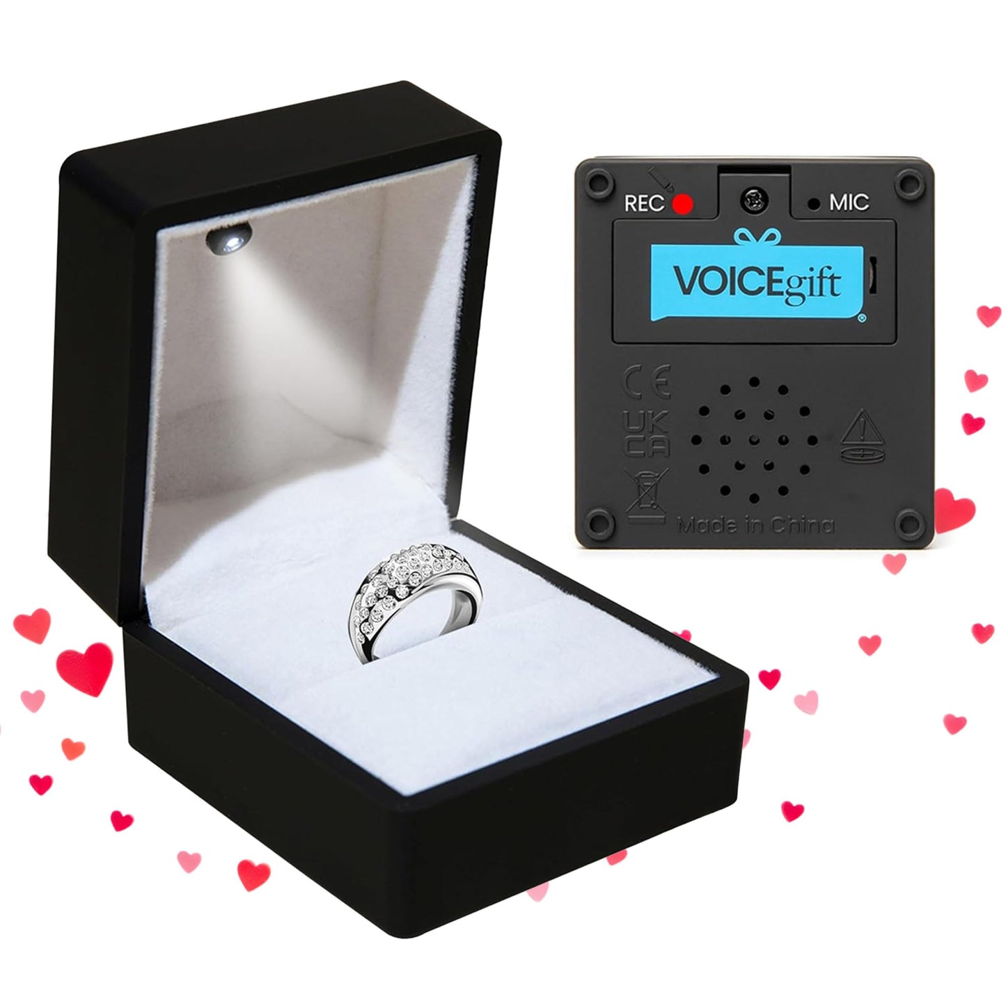 VOICEGIFT Ring Box Recordable Ring Box with LED Light, 60-Second Voice Recorder, Velvet Jewelry Gift Box for Proposal, Engagement, and Keepsake | Black