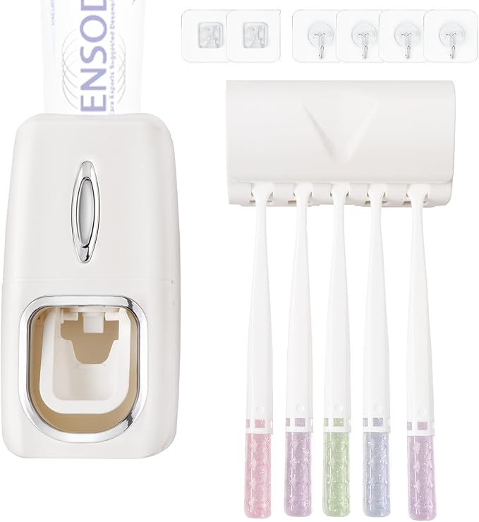 Toothbrush Holder and Toothpaste Dispenser Set, Automatic Toothpaste Squeezer Dispenser, Dispenser Toothpaste Squeezer Kit, Wall Mounted Bathroom Accessories (White)