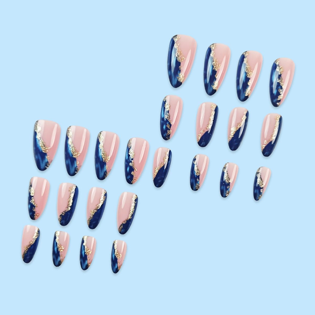 Marble Blue Press on Nails Medium Almond Fake Nails French Tip Nails Press ons with Design Reusable Artificial Nail Full Cover Glue on Nail Stick on Nails for Women Manicure 24Pcs