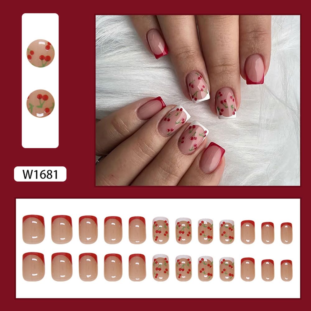 French Tips Press on Nails Pink Glossy Fake Nails Cute Cherry Designs Short False Nails Square Stick on Nails Full Cover Red White Nail Tips Acrylic Nail Art Kit for Women Manicure Decoration 24 Pcs