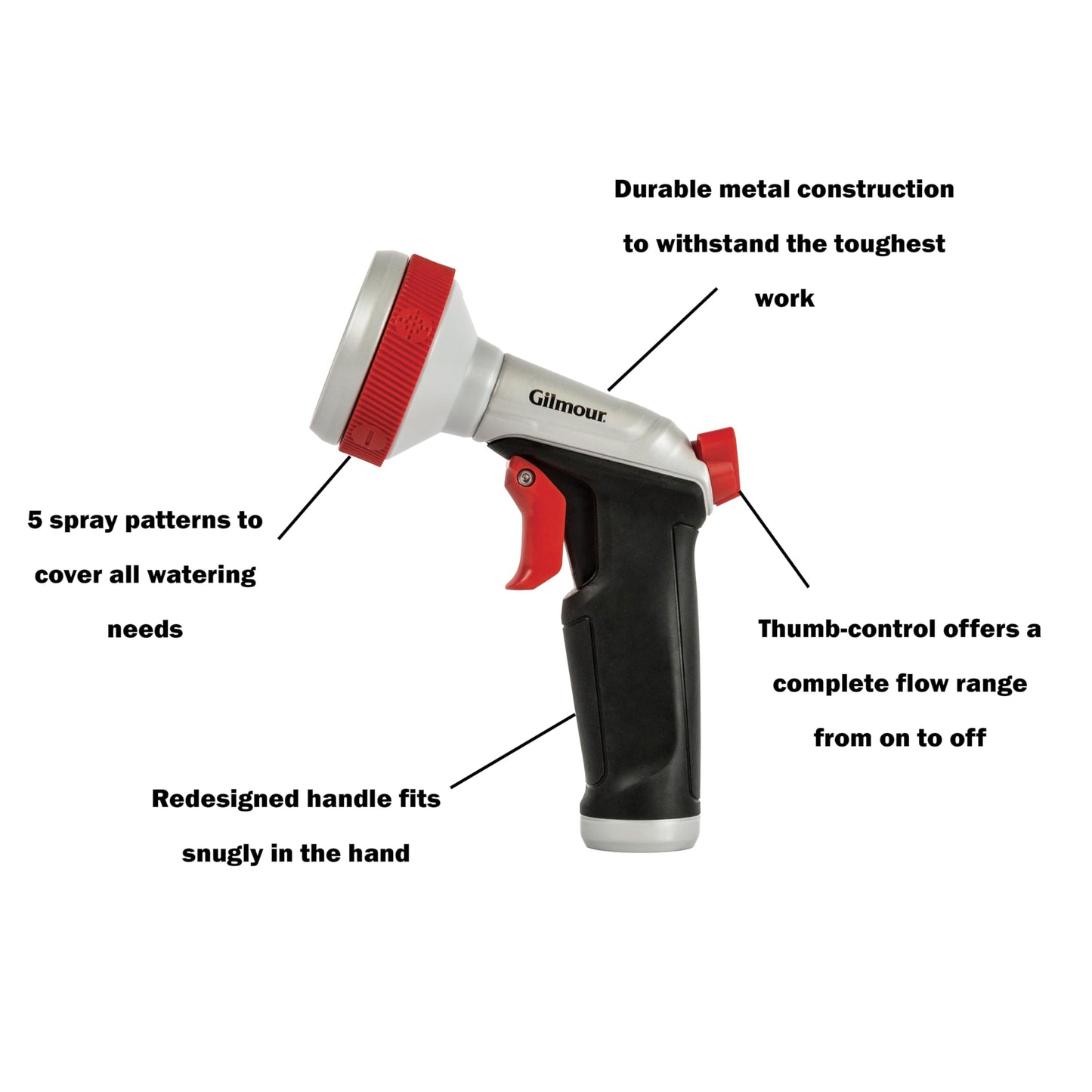 Gilmour Pro Heavy Duty Garden Hose Nozzle with 5 Adjustable Spray Patterns, Water Hose Nozzle for Watering Garden or Lawn, Silver