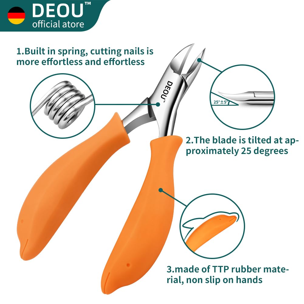 DEOU Podiatrist Toenail Clippers Ingrown Toenail Tools for Thick Nails and Inlaid Nails,Manicure and Pedicure Clippers,Heavy Duty Nail Clippers, Pedicure Tools (Orange+Nail Remover)