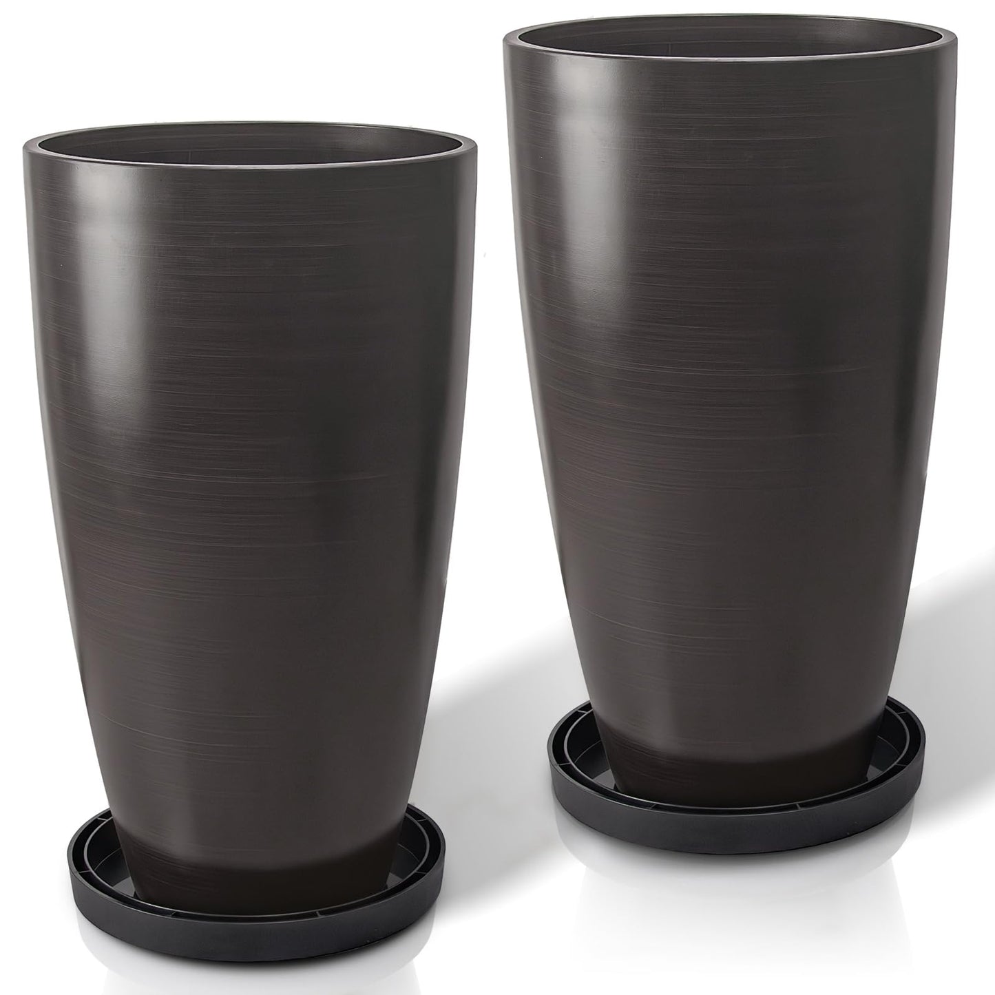 ZMTECH 21 Inch Tall Outdoor Planters Set of 2 Round Tall Plant Pots for Outdoor/Indoor with Shelf Inset, Dark Brown Glossy Smooth Finish - Large Plastic Pots with Drainage Holes for Front Porch Patio