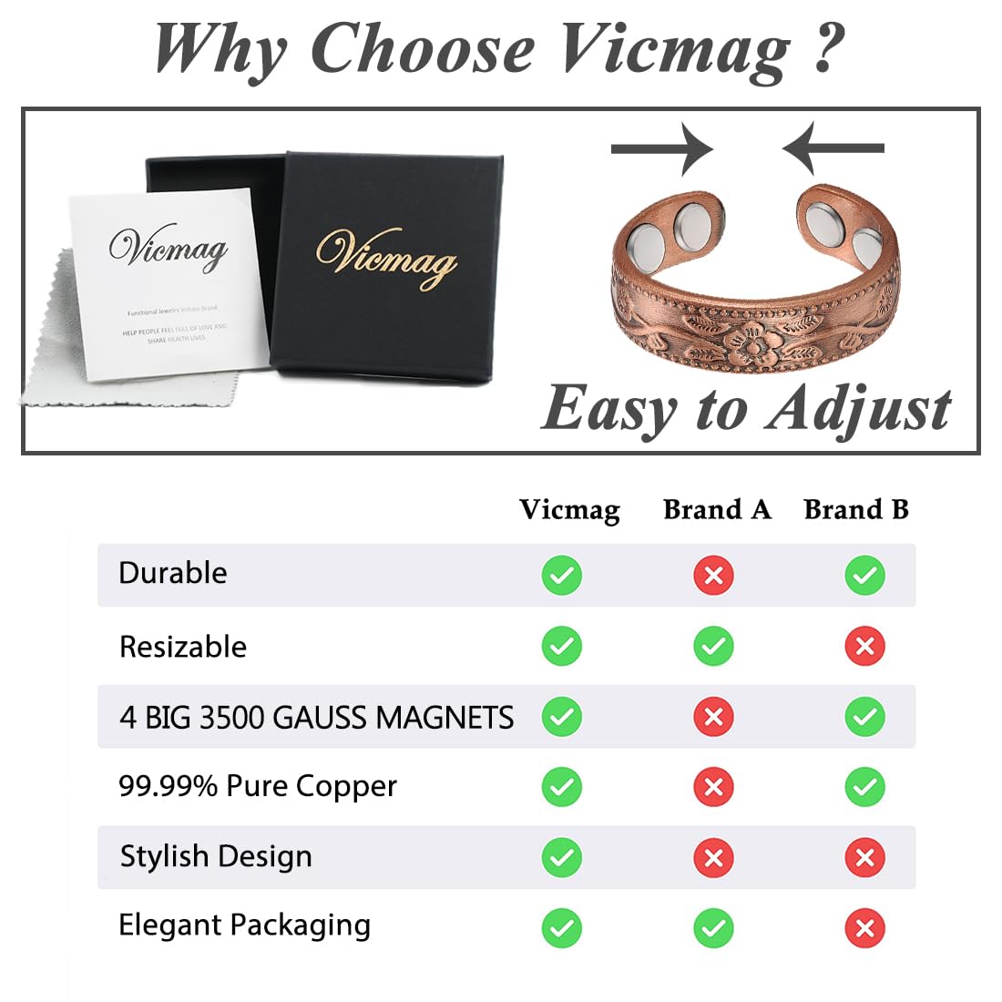 Vicmag Copper Magnetic Rings for Women 99.9% Copper Finger Ring Ultra Strength Magnet Gift Adjustable