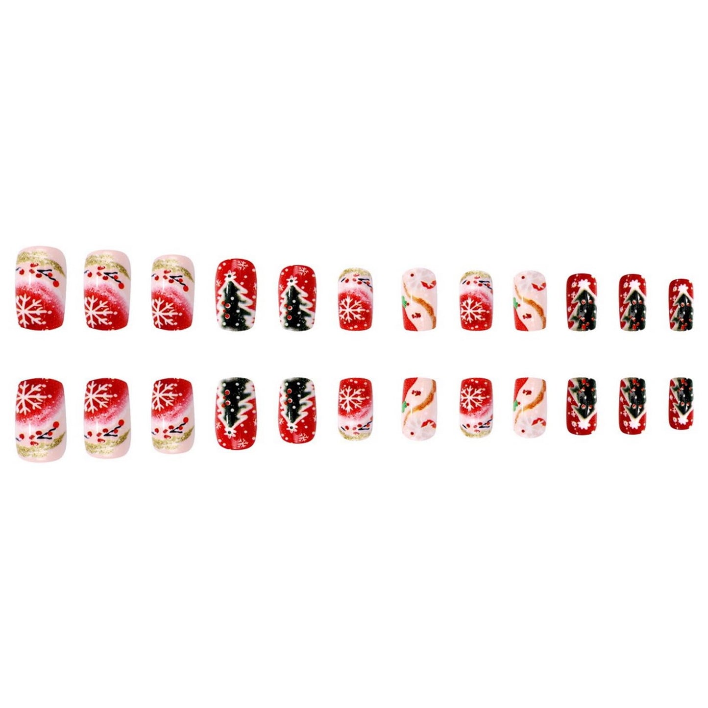 Christmas Press on Nails Medium Square Fake Nails Red with Design Xmas Tree Snowflake Gold Striped Acrylic Nails Full Cover Xmas Nail for Women Manicure 24Pcs