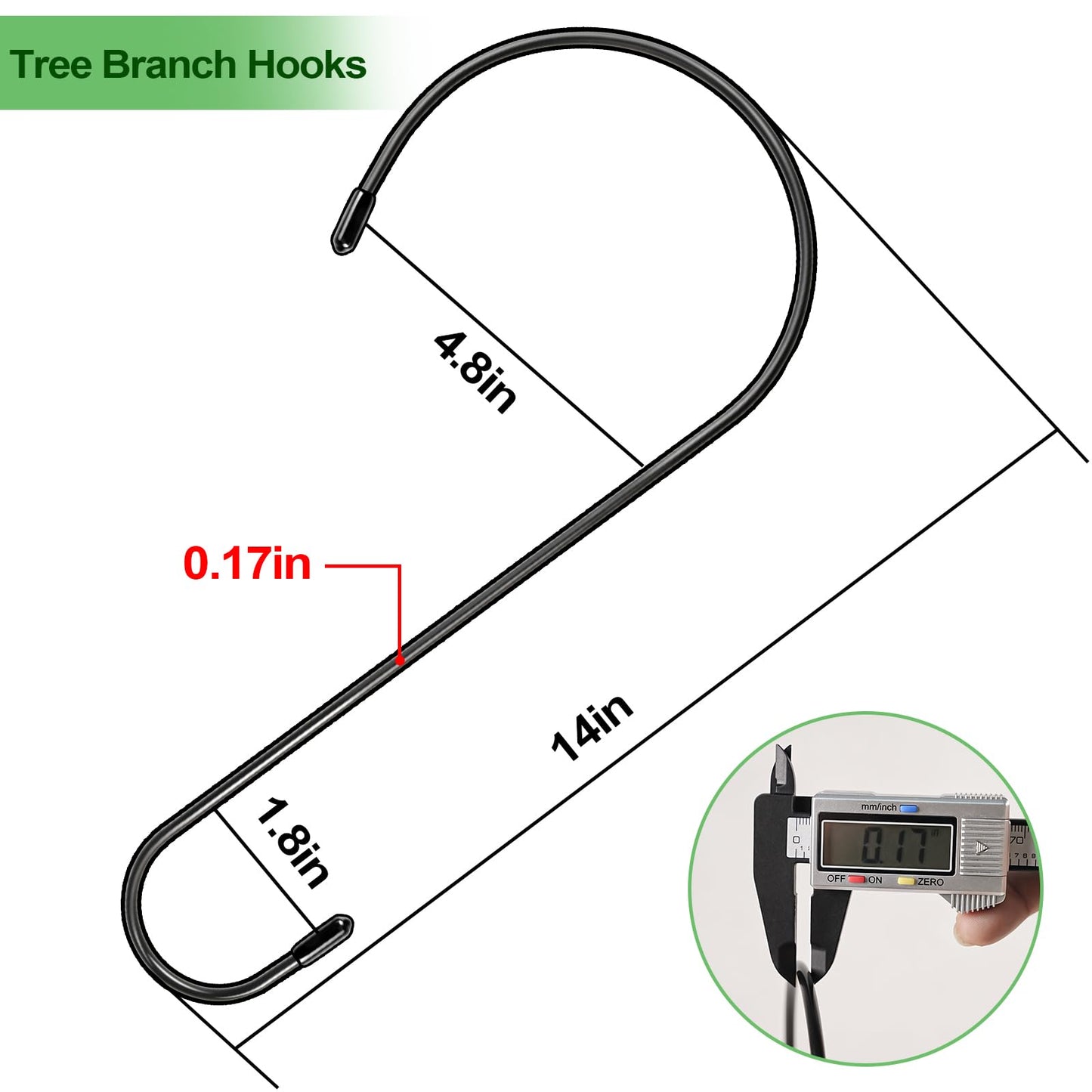samhard 4 Pack 14 Inch Tree Branch Hooks, Extra Large S Hooks for Bird Feeder, Heavy Duty Long S Hook for Hanging Plants, Basket, Lanterns, Patio,Indoor Outdoor Uses(Black)