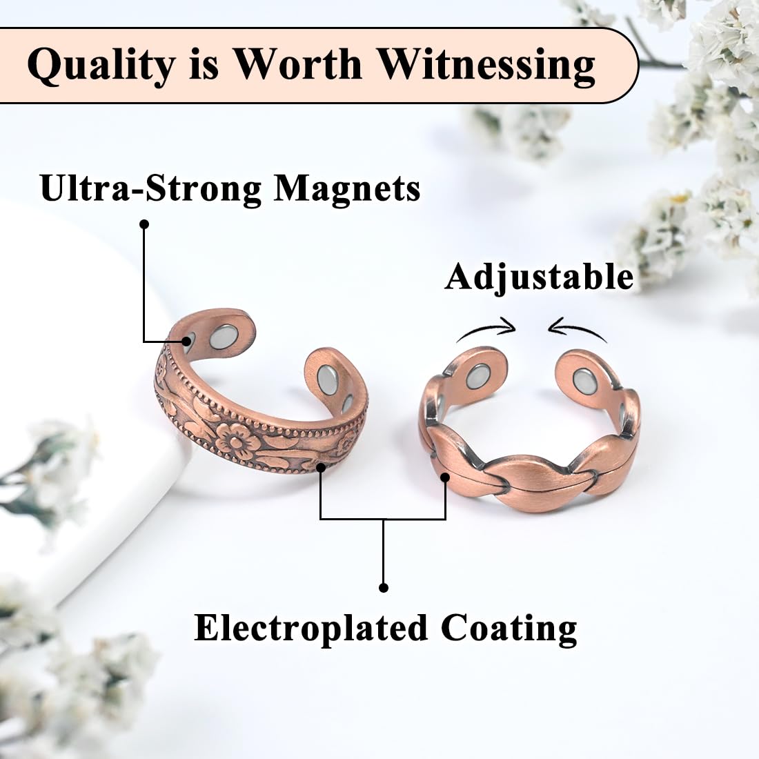 Vicmag Copper Magnetic Ring for Women, Magnetic Rings Ladies Fingers Thumb 100% Solid Pure Copper Jewelry Gift Adjustable (Rose Gold+Copper Flower)