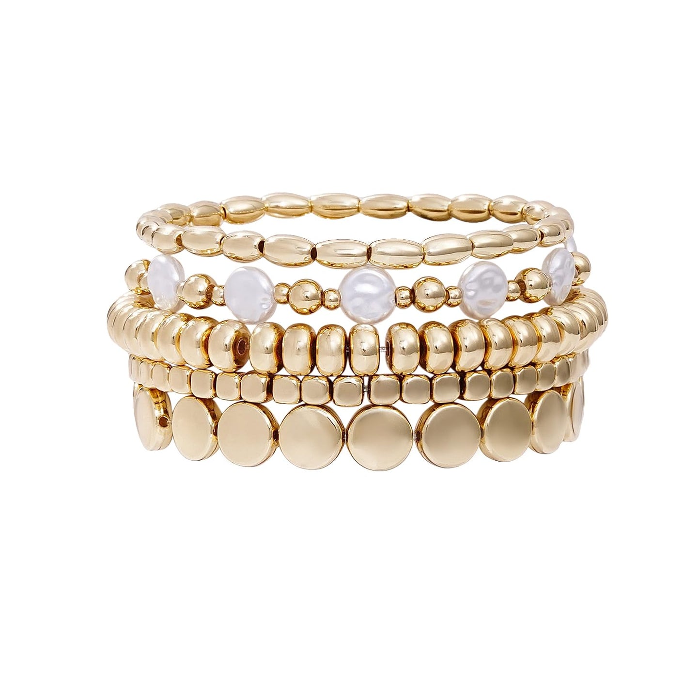 Sajidos Gold Plated Beaded Bracelets for Women Trendy, 14K Gold Plated Stack Cross Pearl Gold Plated Bead Stretch Bracelets Set Elastic Hypoallergenic Bracelets Jewelry Gifts