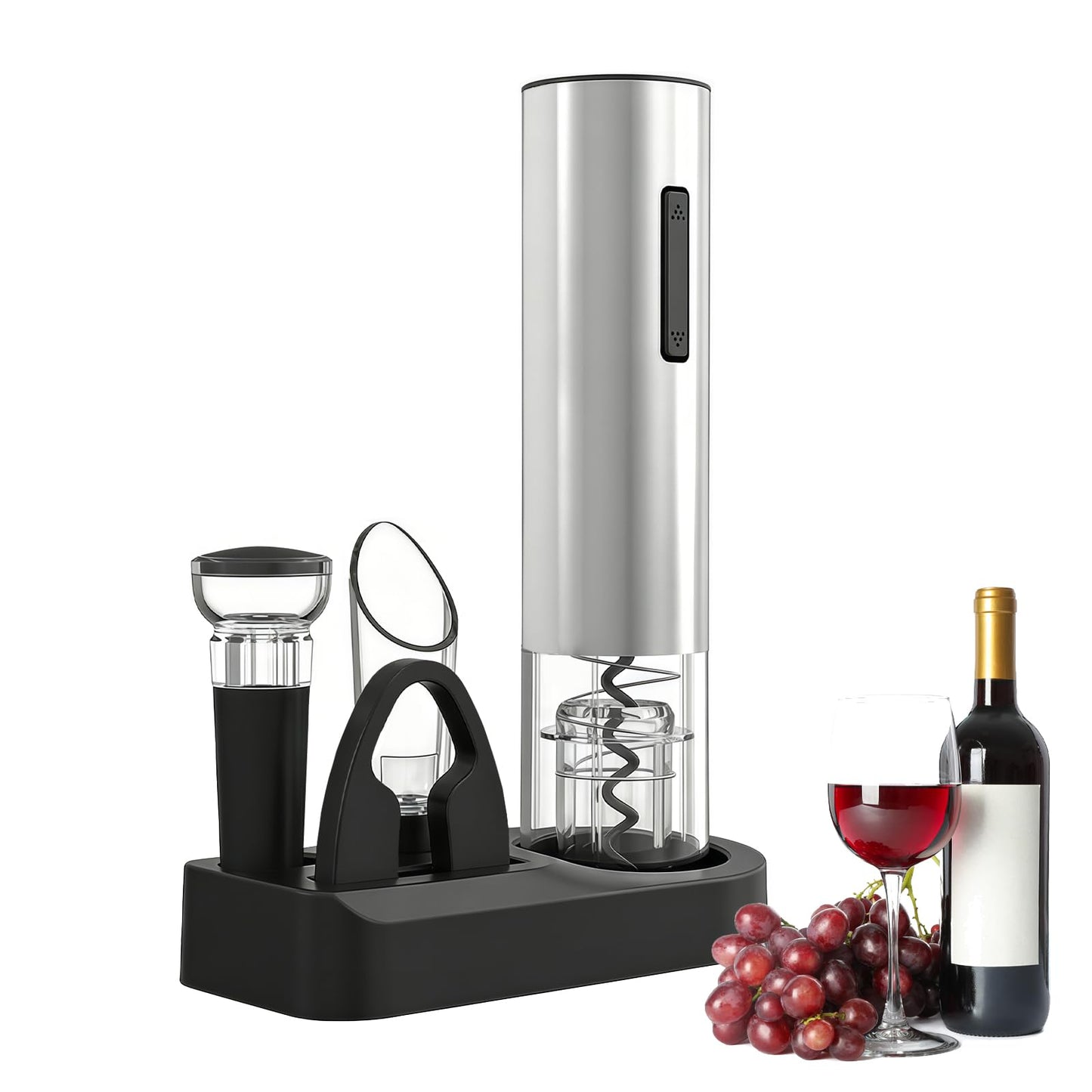 Electric Wine Opener - 5 Piece Set with Storage Base,Foil Cutter,Aerating Pourer & Vacuum Stoppers | USB-C Rechargeable | 40+ Opens Per Charge | Wine Opener Gift for Wine Lovers