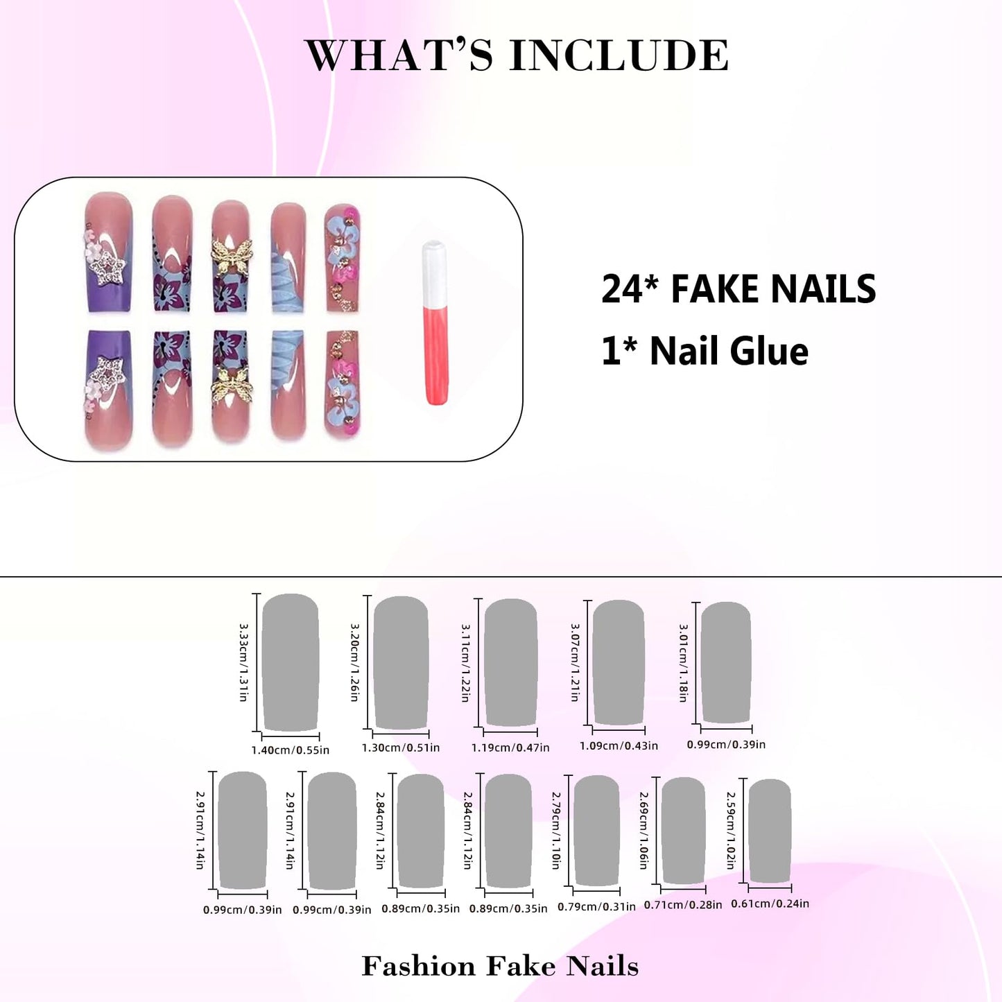 IMRAIN Press on Nails Long Square Fake Nails Blue Purple Flower Acrylic False Nails with Butterfly Rhinestone Designs Glossy Luxury Handmade Glue on Nails