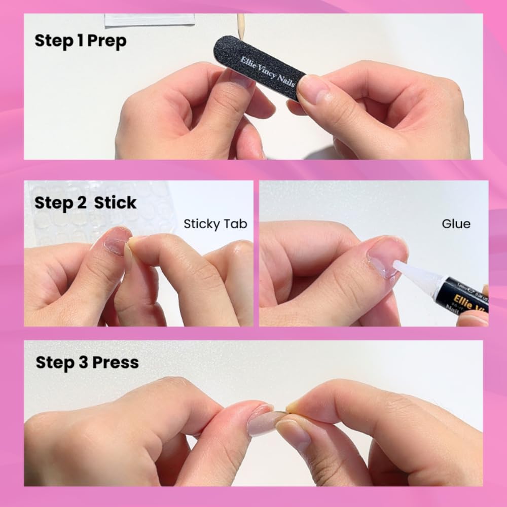 Ellie Vincy Press-On Nails – Short Oval Pink Cat Eye Fake Tip, Reusable Salon Quality Nails in 16 Sizes – 32 Nail Kit with Glue & Sticky Tabs