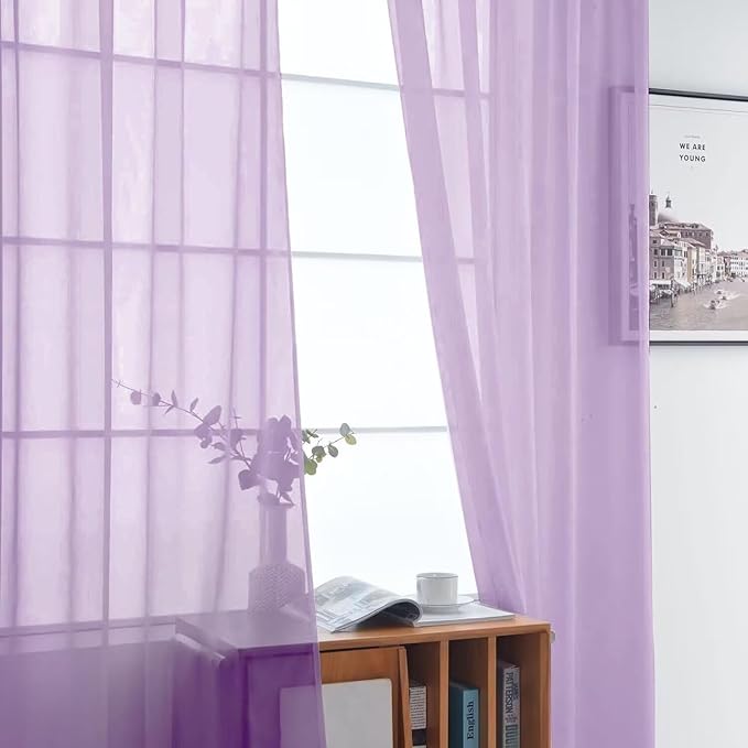 SpaceDresser Basic Rod Pocket Sheer Voile Window Curtain Panels Lavender 1 Pair 2 Panels 52 Width 36 Inch Long for Kitchen Bedroom Children Living Room Yard（Lavender, 52W x 36L）