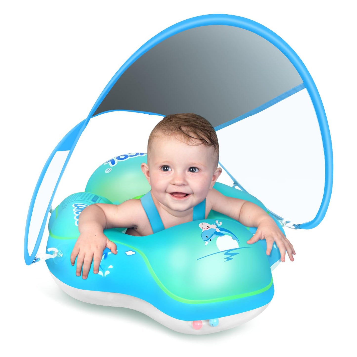 LAYCOL Baby Pool Float with Canopy UPF50+, 5 Point Safety Buckle No Flip Over, Inflatable Toddler Floaties Infant Pool Floats with Double Air Chambers, Baby Beach Essentials/Traval for 3-36M Blue L