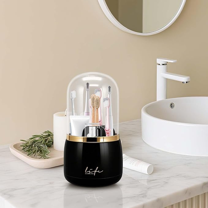 Toothbrush Holders with Cover,Dustproof 360 Rotating 7 Slots Toothpaste Holder for Bathroom Organizer Countertop,Makeup Brushes Organizer,Bathroom Accessories (Black)