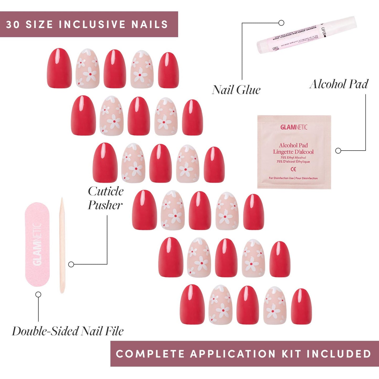 Glamnetic Press-On Nails & Adhesive Nail Tabs - Red Blossom | Short Oval Fake Nails with Floral Accents | 15 Sizes - 30 Nail Kit with Adhesive Tabs