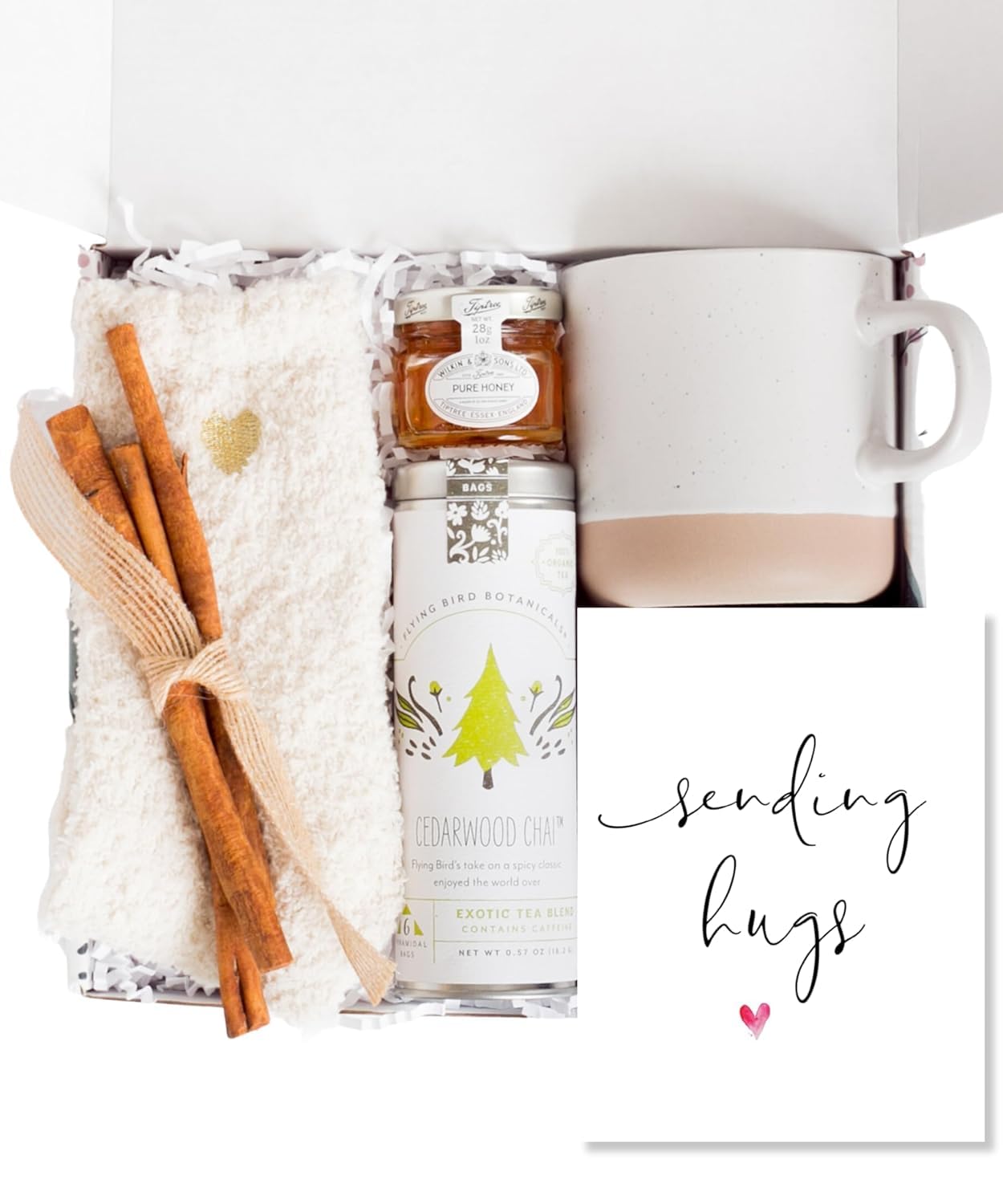 Unboxme Sending Hugs Get Well Soon Gift Basket & Care Package for Women - Self Care Gift Box with Fuzzy Socks, Ceramic Mug, Chai Tea, Honey