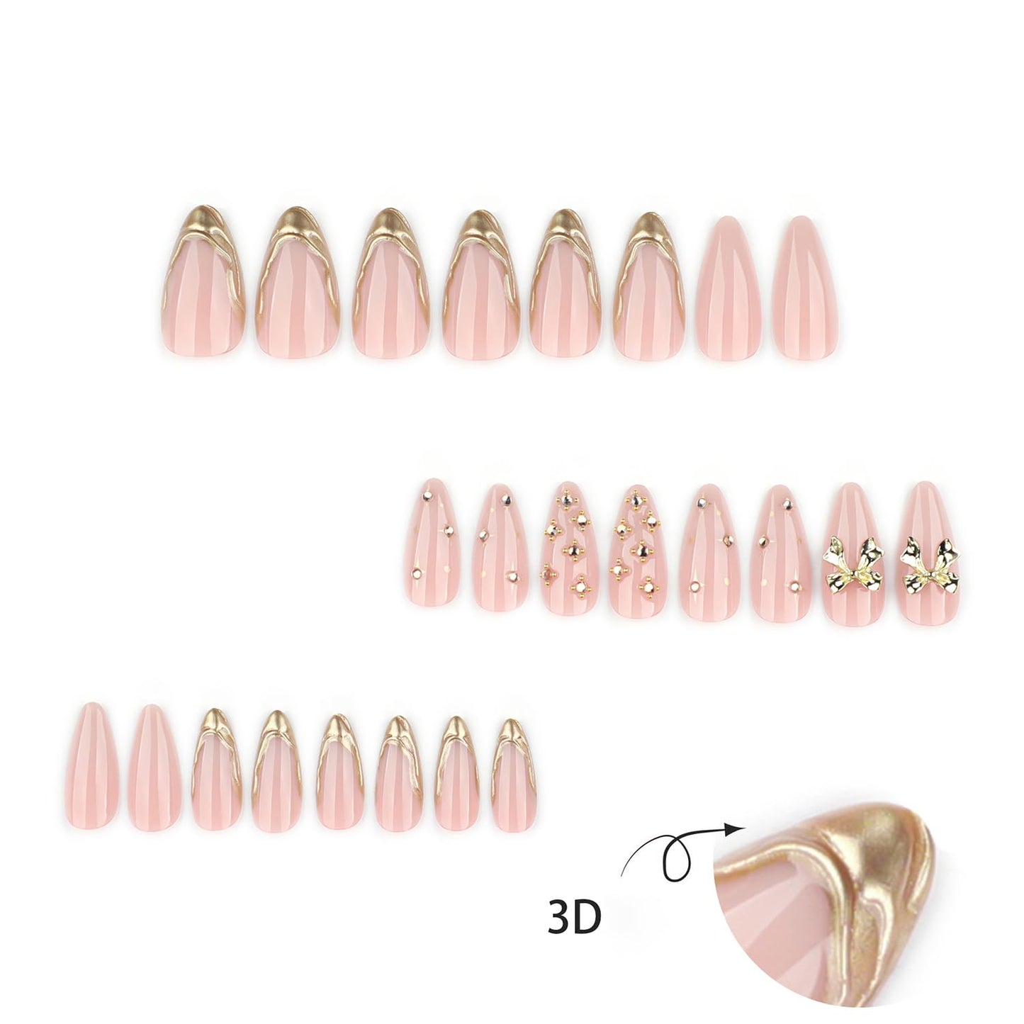 Press On Nails Medium Almond Fake Nails Press Ons With Gold Rhinestone Star Design Gold Bow French False Nails Pink Glossy Acrylic Nails For Women