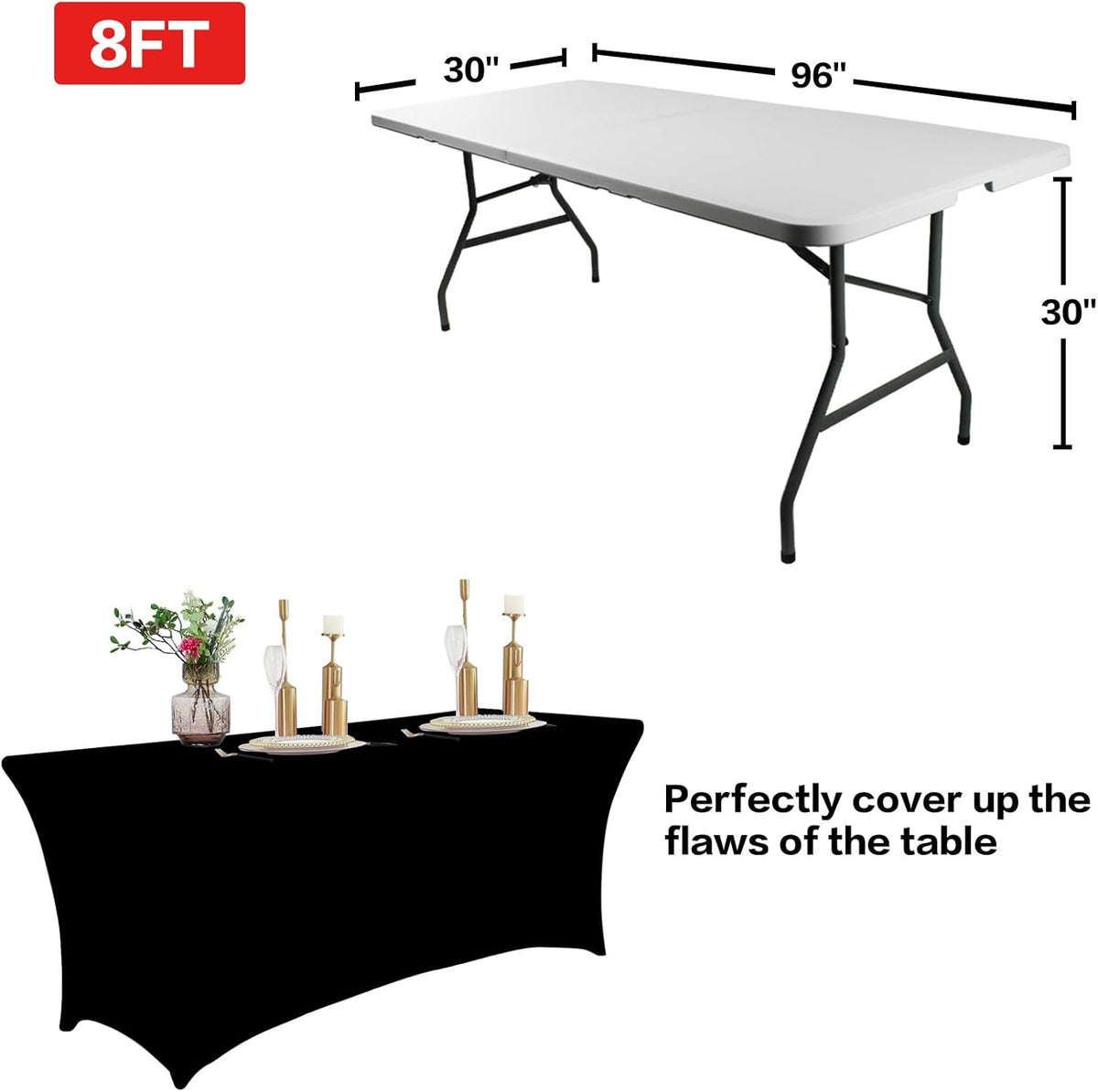 IVAPUPU 8FT Spring Table Cloth for Rectangular Fitted Events Stretch Black Table Covers Washable Cover Spandex Tablecloth Protector for Party, Wedding, Cocktail, Banquet, Festival