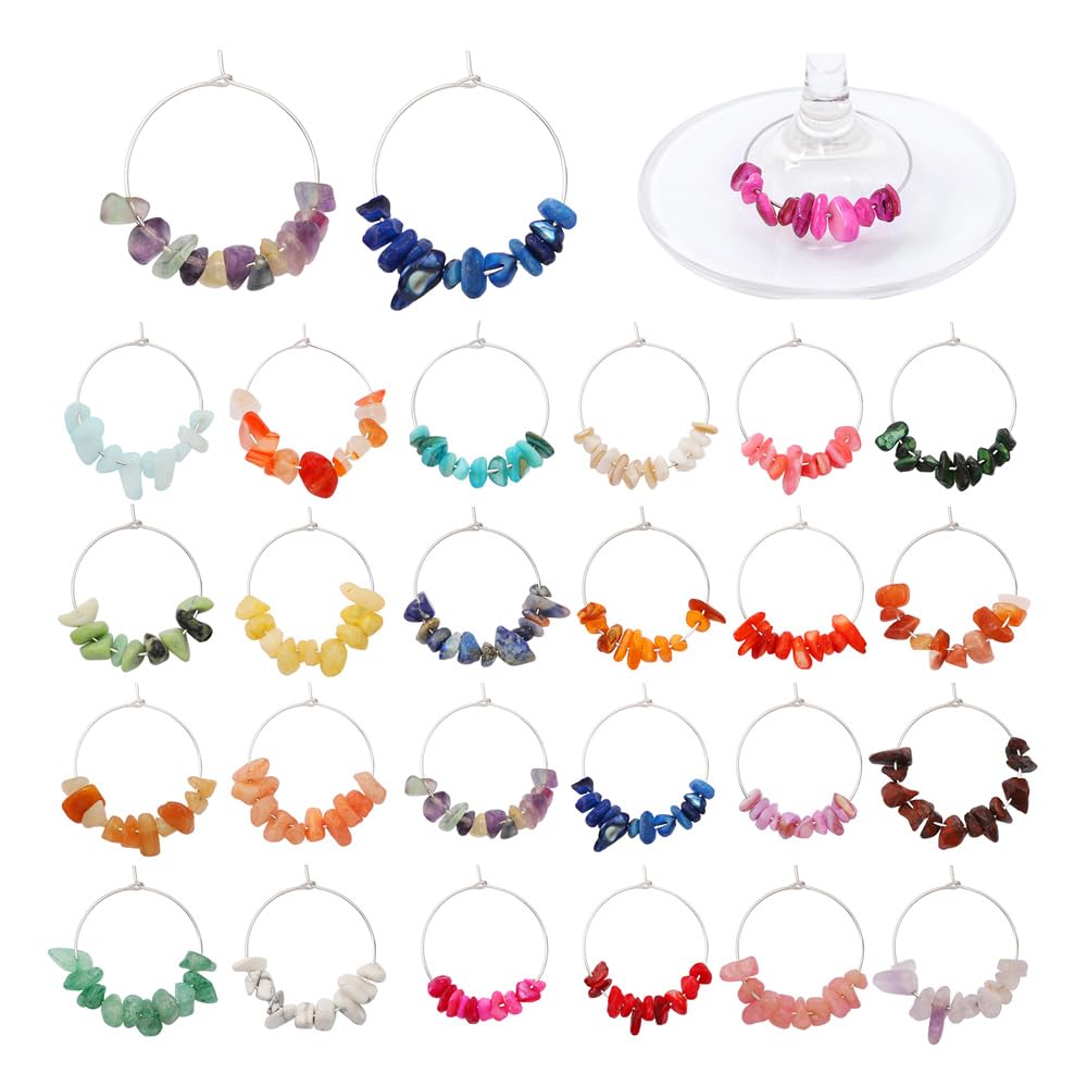 Pride & Par 24 Pcs Nature Gemstone Beads Glass Charms for Stem Glasses, Wine Glass Decoration for Weddings, Parties