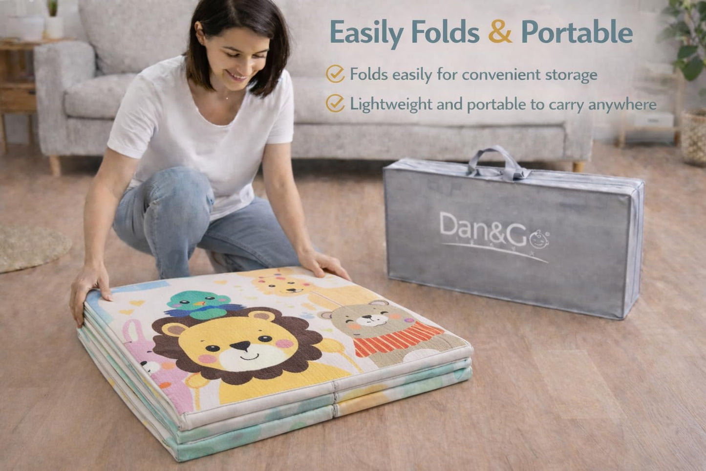 DAN&GO Extra Large Baby Play Mat, Foldable, Double-Sided, Beige, Non-Toxic XPE Material, Portable Activity Floor Mat for Babies 0-12 Months & Kids, Educational Design (Funny, 71 * 79 * 0.4)