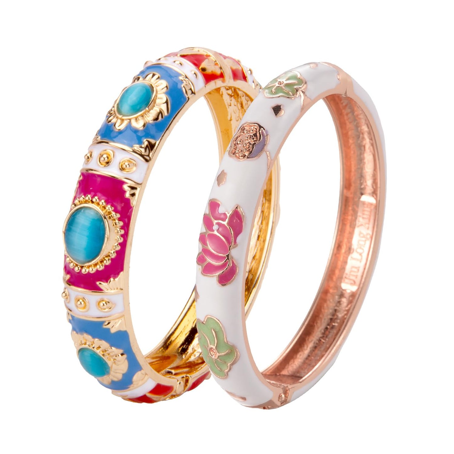 UJOY Vintage Cloisonne Jewelry Bracelet Plated Handmade Bead Rhinestones Enamel Spring Cuff Bangles 2 Pcs Set for Womens Gift 7735-55A35 Pink White