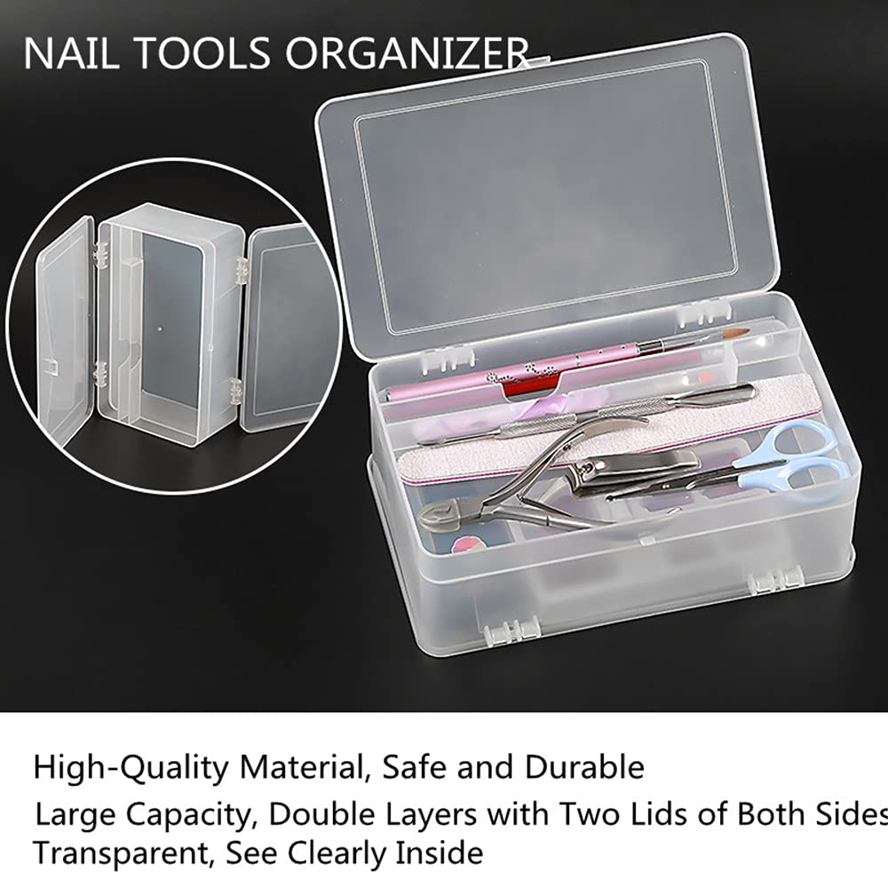 PTGMH Plastic Nail Art Tools Organizer Nail Brushes Container Case Manicure Tools Holder Double Layers Large Capacity Nail Tools Storage Box (transparent)