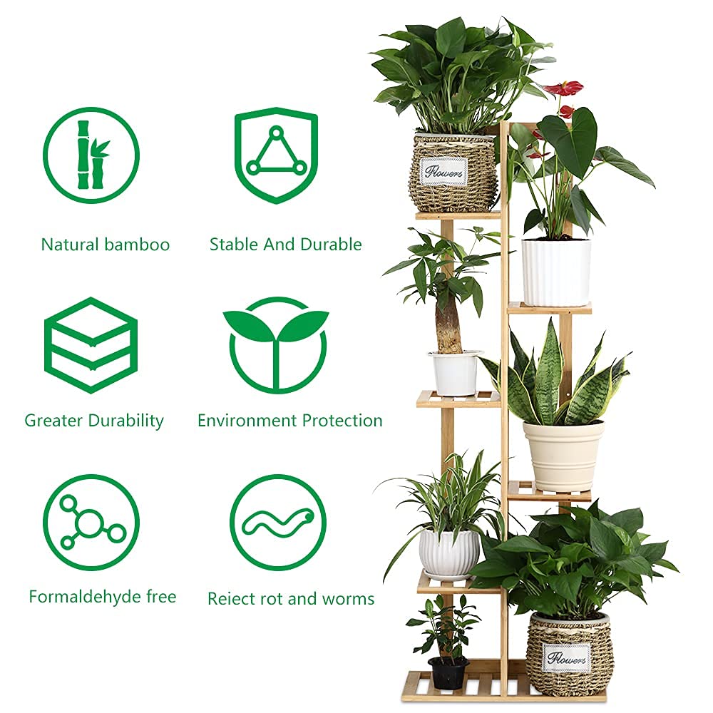 Nandae Bamboo Plant Stand Rack 6 Tier 7 Potted Indoor&Outdoor Multiple Stand Shelf Display Stand for Garden, Living Room, Balcony and Courtyard