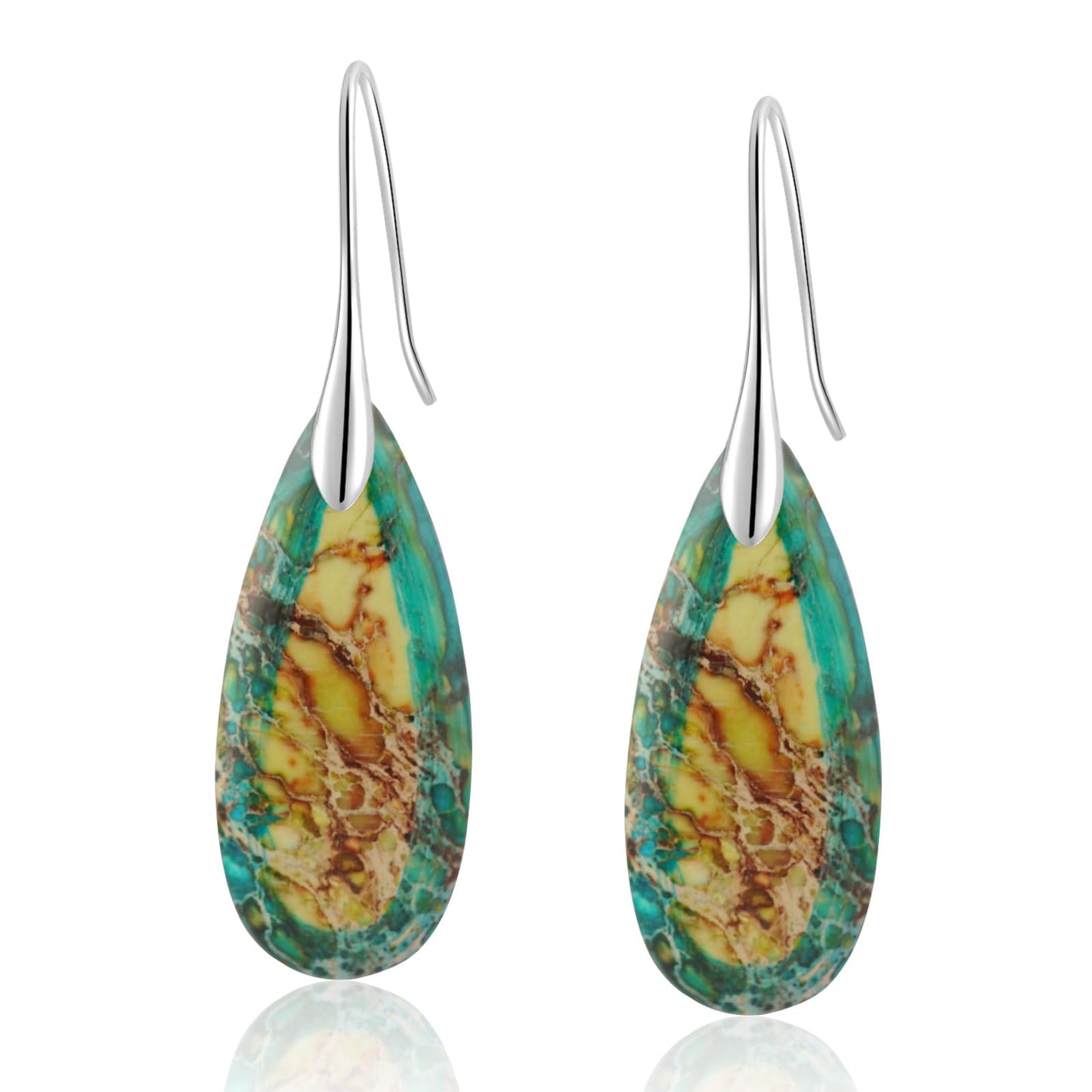 Sriomu Natural Healing Stone Fishhoop Dangle Drop Earrings Statement Gold silver earrings (Yellow Green Silver Hook)