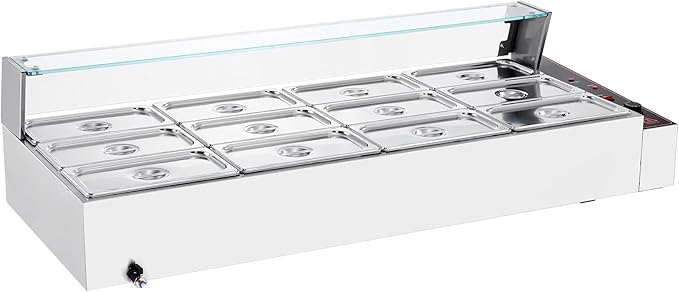 VEVOR 12-Pan Commercial Food Warmer, 12 x 8QT Electric Steam Table with Glass Cover, 1700W Countertop Stainless Steel Buffet Bain Marie 86-185°F Temp Control for Catering, Restaurants, Silver