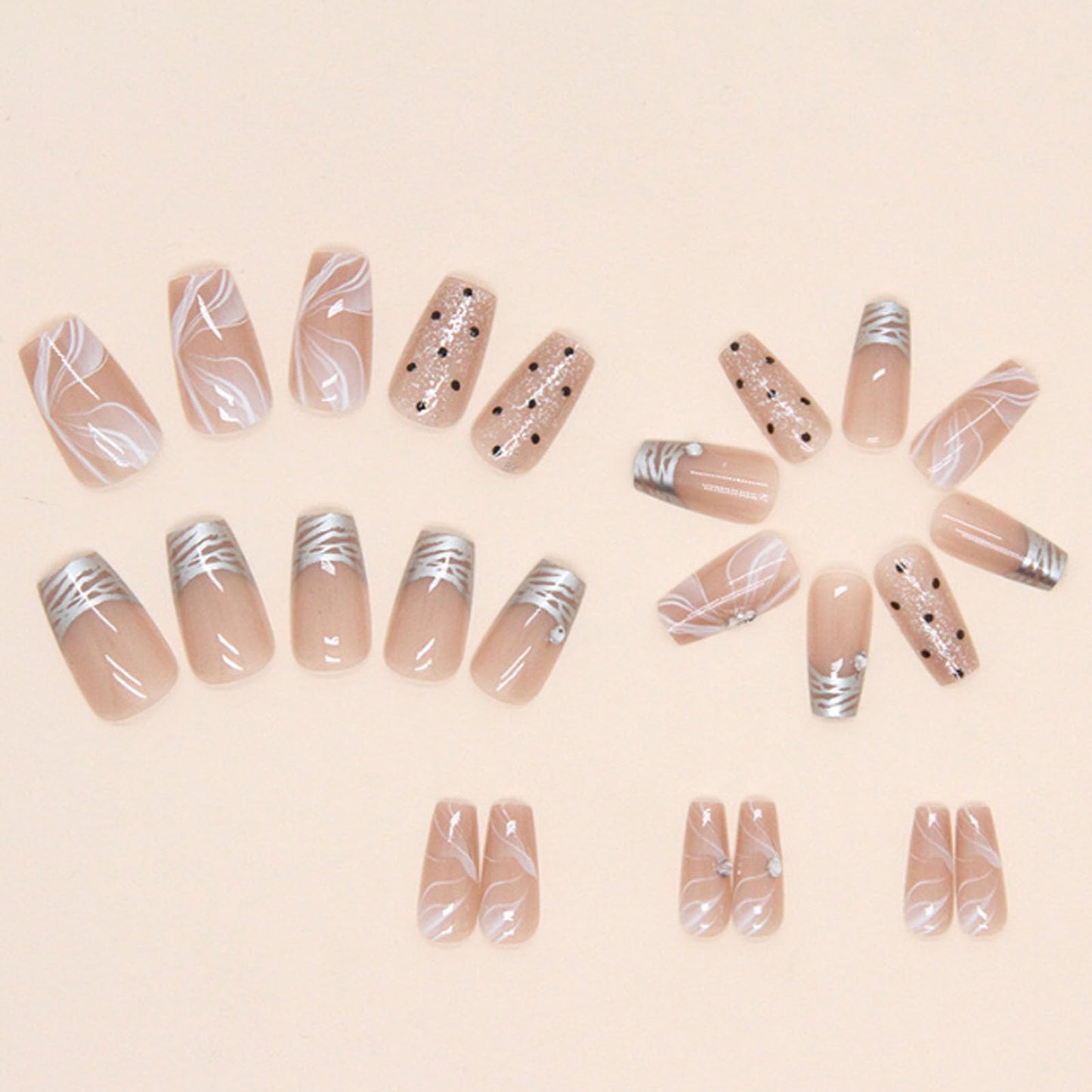 Hkanlre Silver Press on Nails Medium Fake Nails Tips Full Cover French False Square Dot Nails for Women and Girls 24PCS