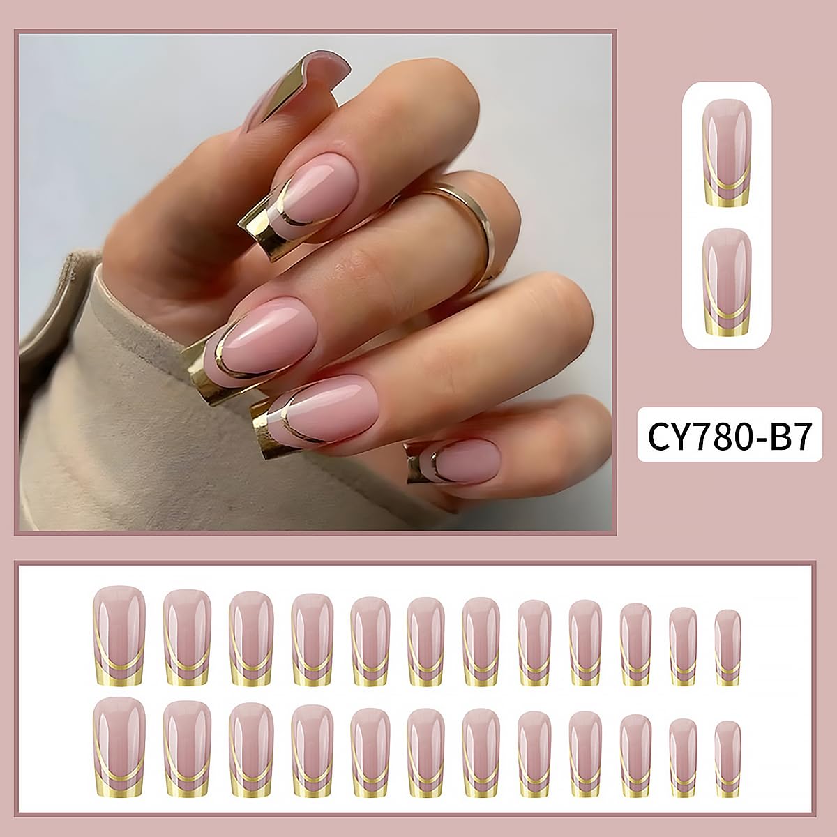 24Pcs Gold French Tip Press on Nails Medium Square Fake Nails with Gilding Line Design Nude Pink Full Cover Artificial Glue on Nails Glossy False Nails Reusable Exquisite Stick on Nail for Women DIY