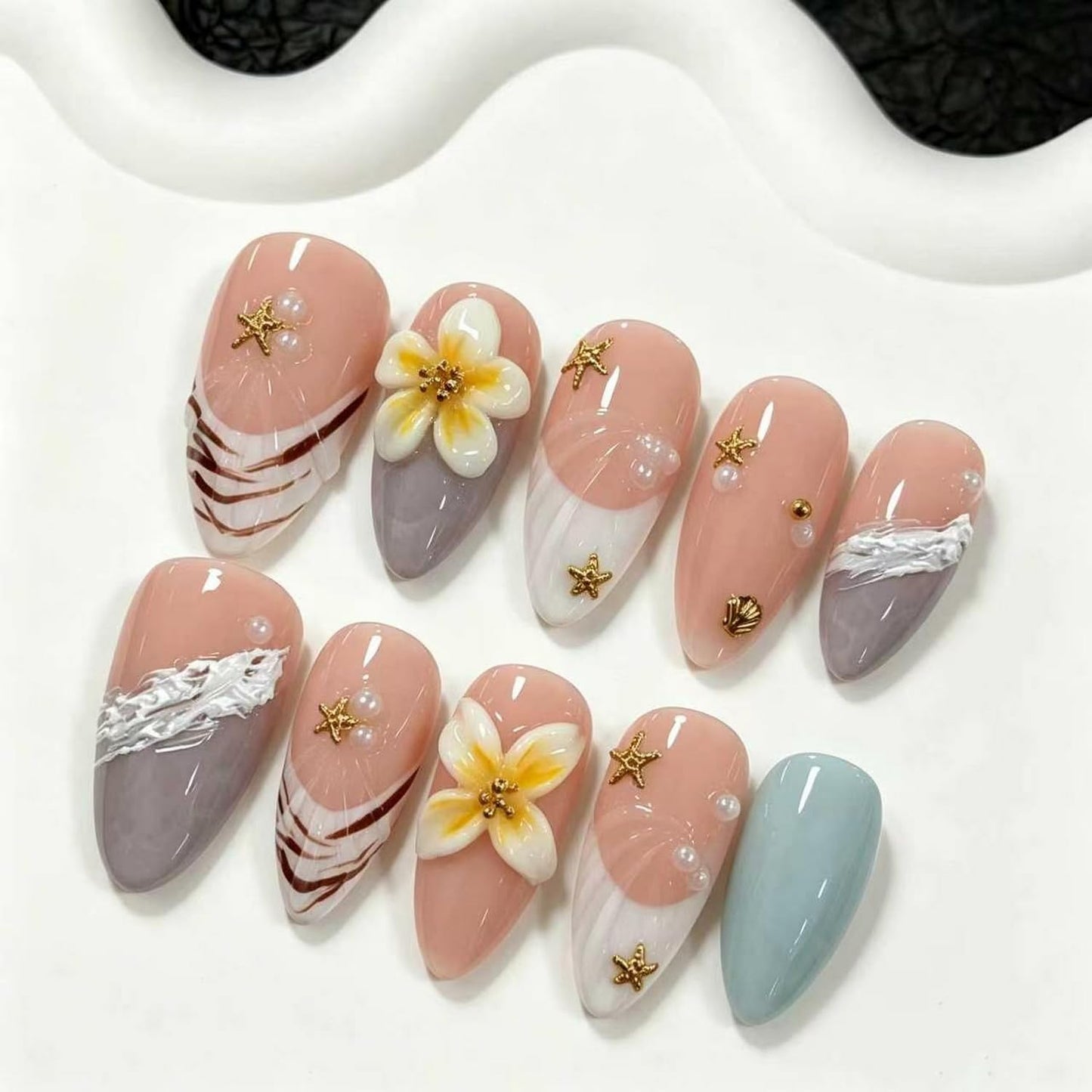 3D Press on Nail Almond Shape Fake Nails with Flower Star designs Stick on Nail Full Cover French Tip Press ones Glossy Handmade False Nails Reusable Glue on Nails for Women Beach（s size）10pcs