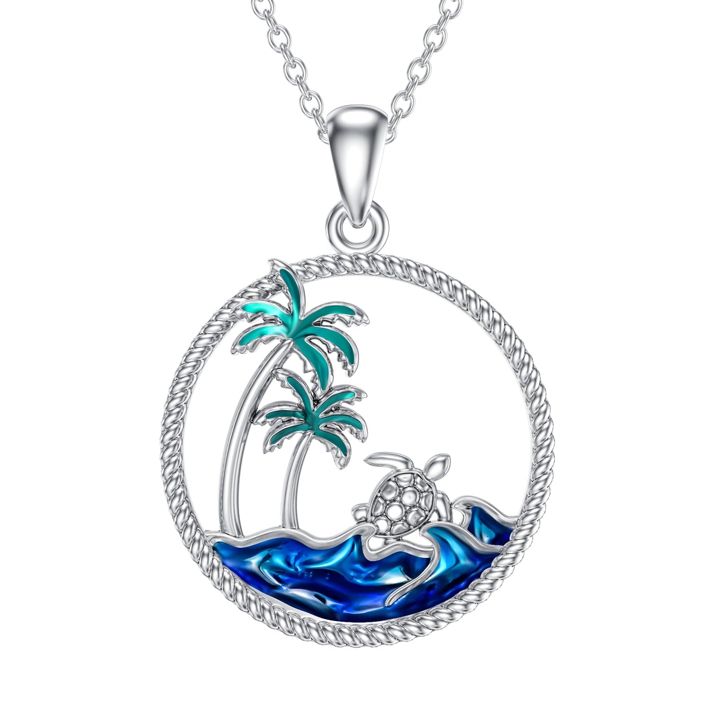 PROESS Sea Turtle Necklace Sterling Silver Palm Tree Pendant Necklace Ocean Wave Jewelry For Women Turtle Lovers