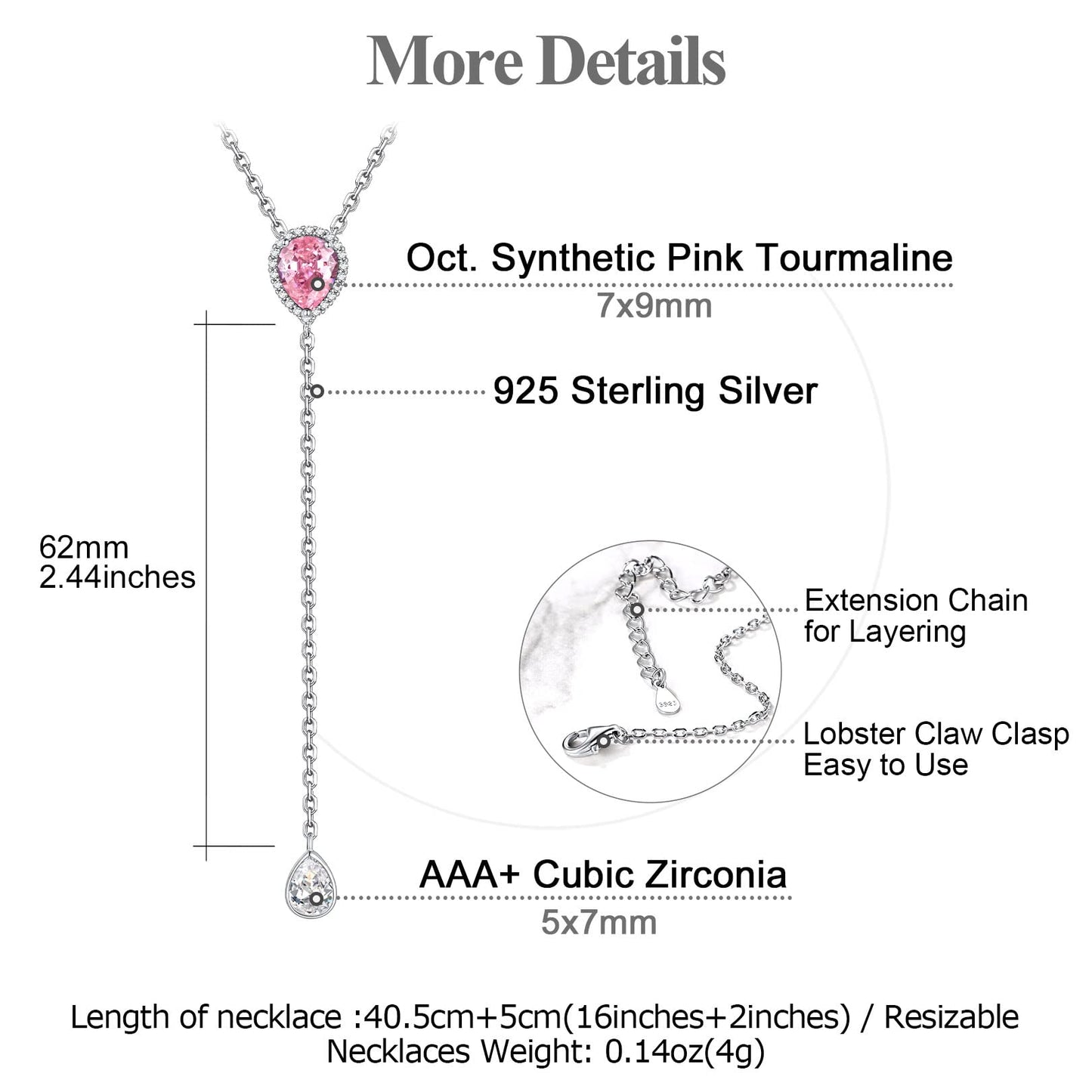 FOCALOOK 925 Sterling Silver October Birthstone Necklace for Women CZ Teardrop Long Y Pendant Necklaces
