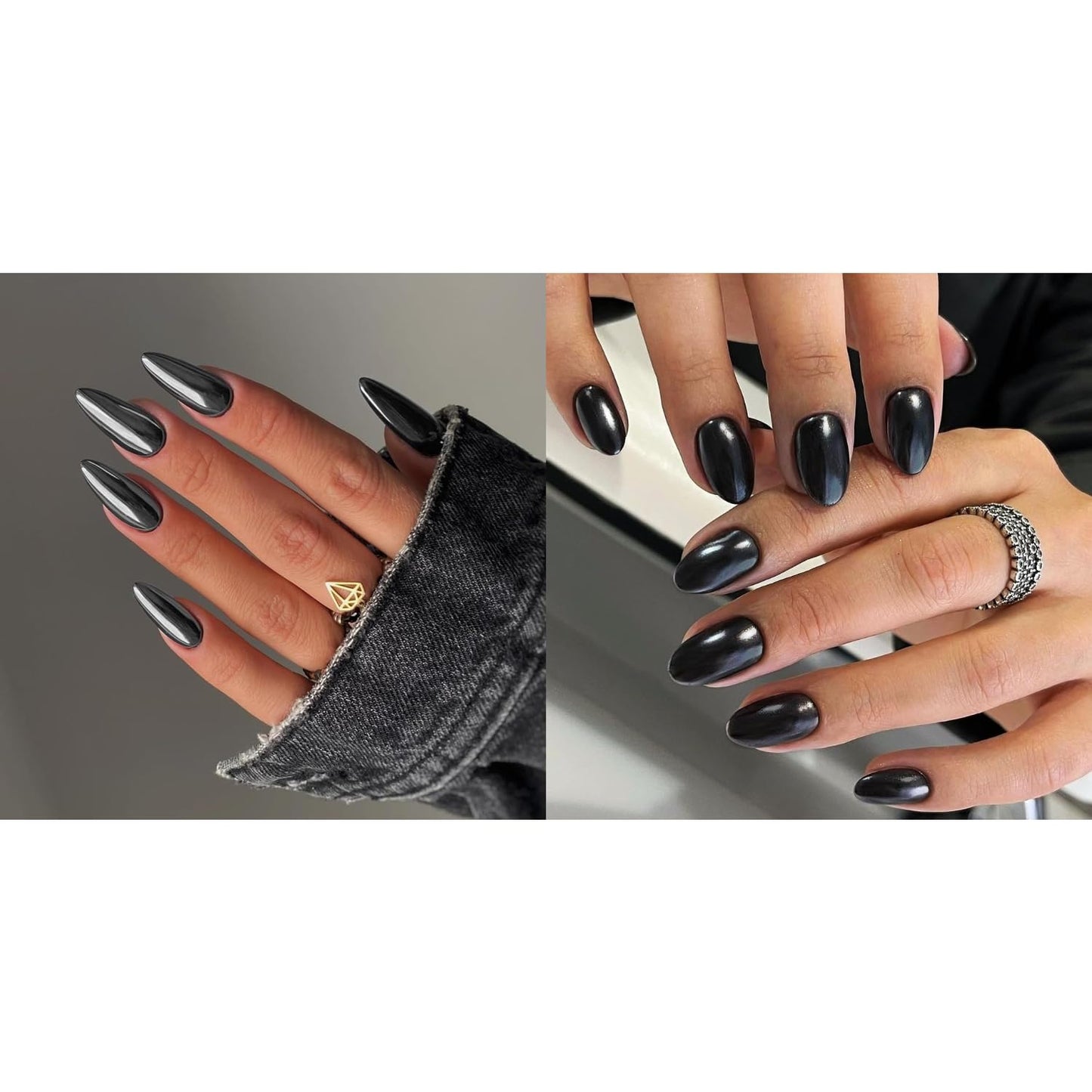 KQueenest Smoky Grey Press on Nails Medium Almond&Black Press on Nails Short Oval For Beach Party Daily Decoration in 48 PCS