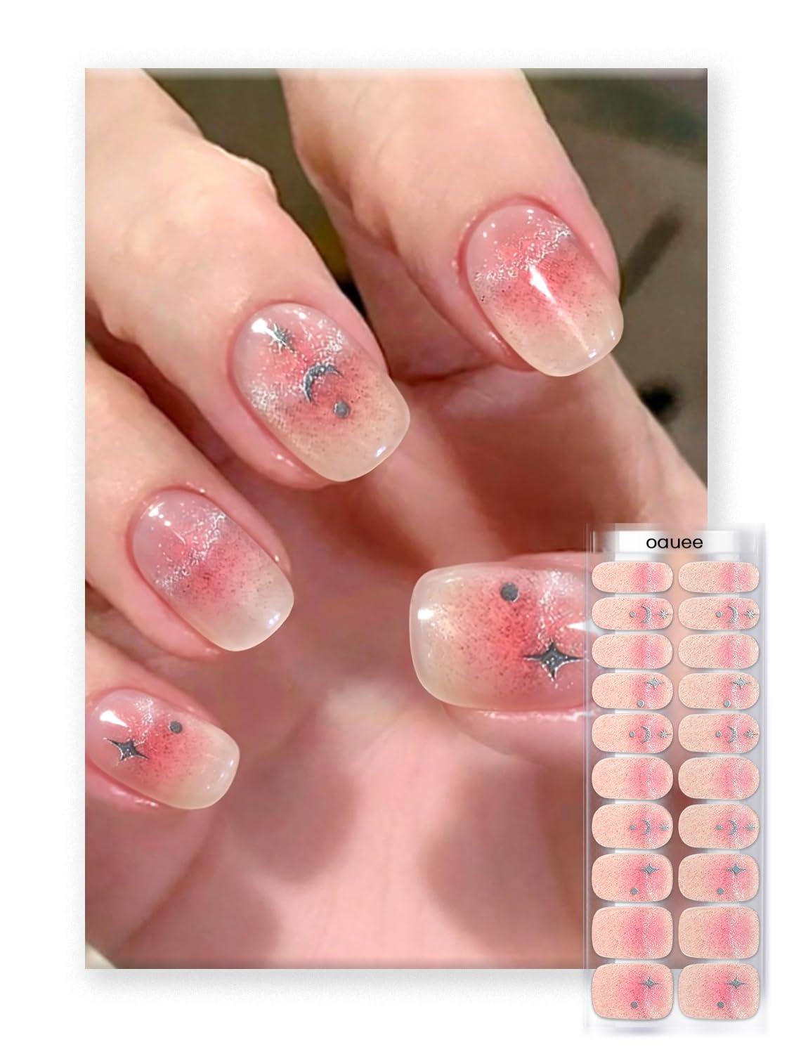 Oauee Semi Cured Gel Nail Strips | Built-In Gel Top Coat | UV Light Required | Salon Quality, Easy Application And Removal (Moon Blush)